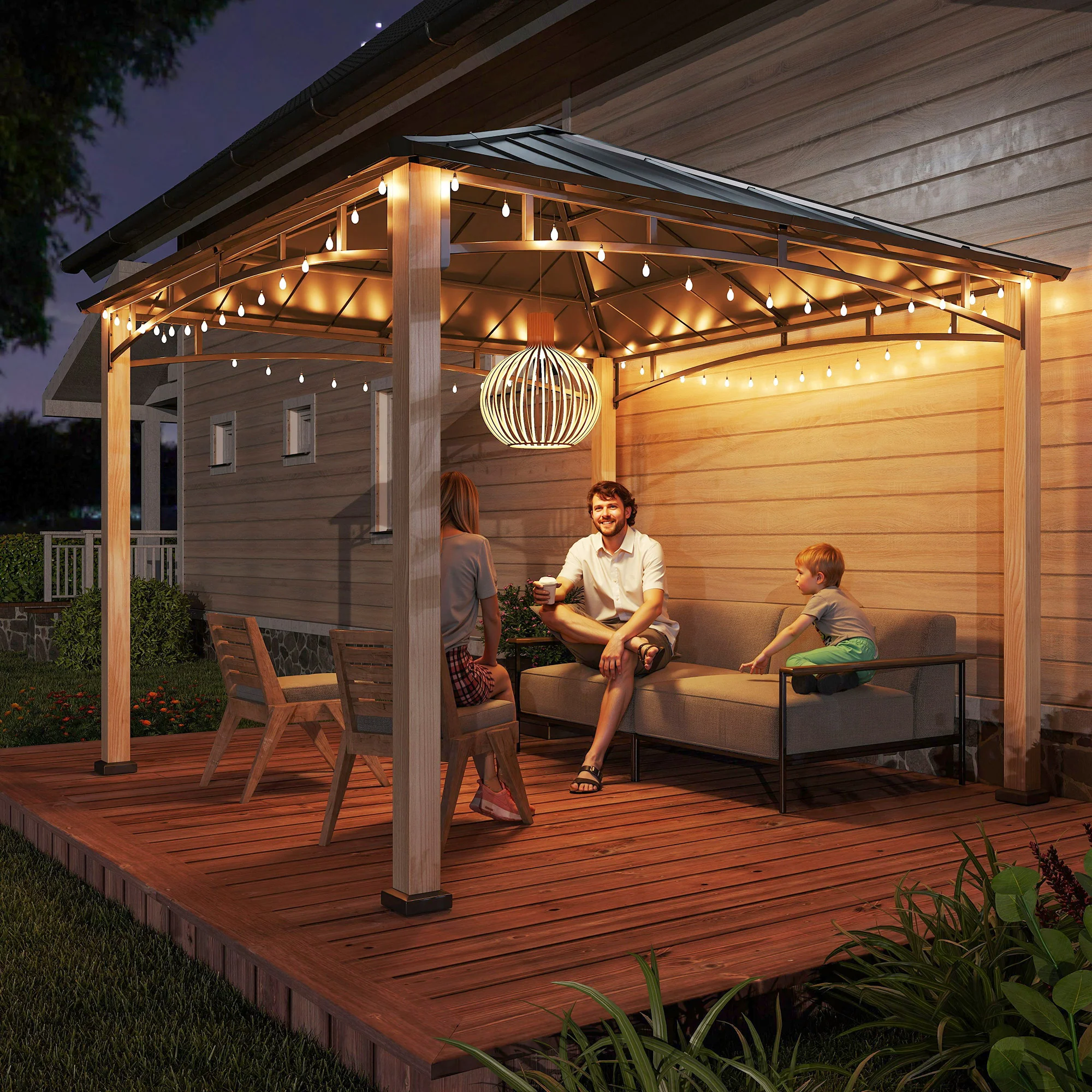 Outsunny 3 x 3(m) Hardtop Gazebo with Metal Roof and Wood Grain Frame - Image 9