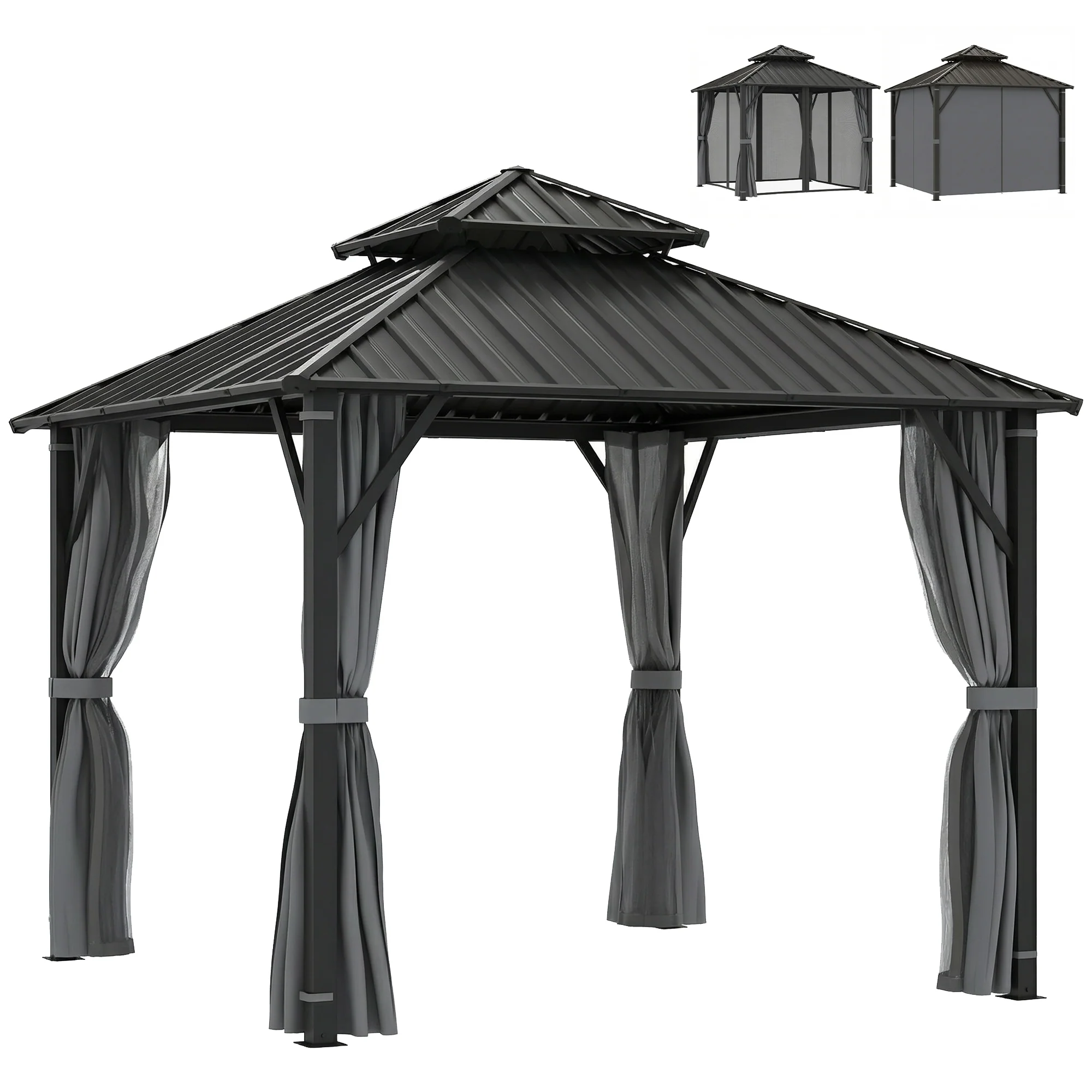 Outsunny 3 X 3(m) Hardtop Gazebo With Metal Roof, Netting And Curtains, Grey
