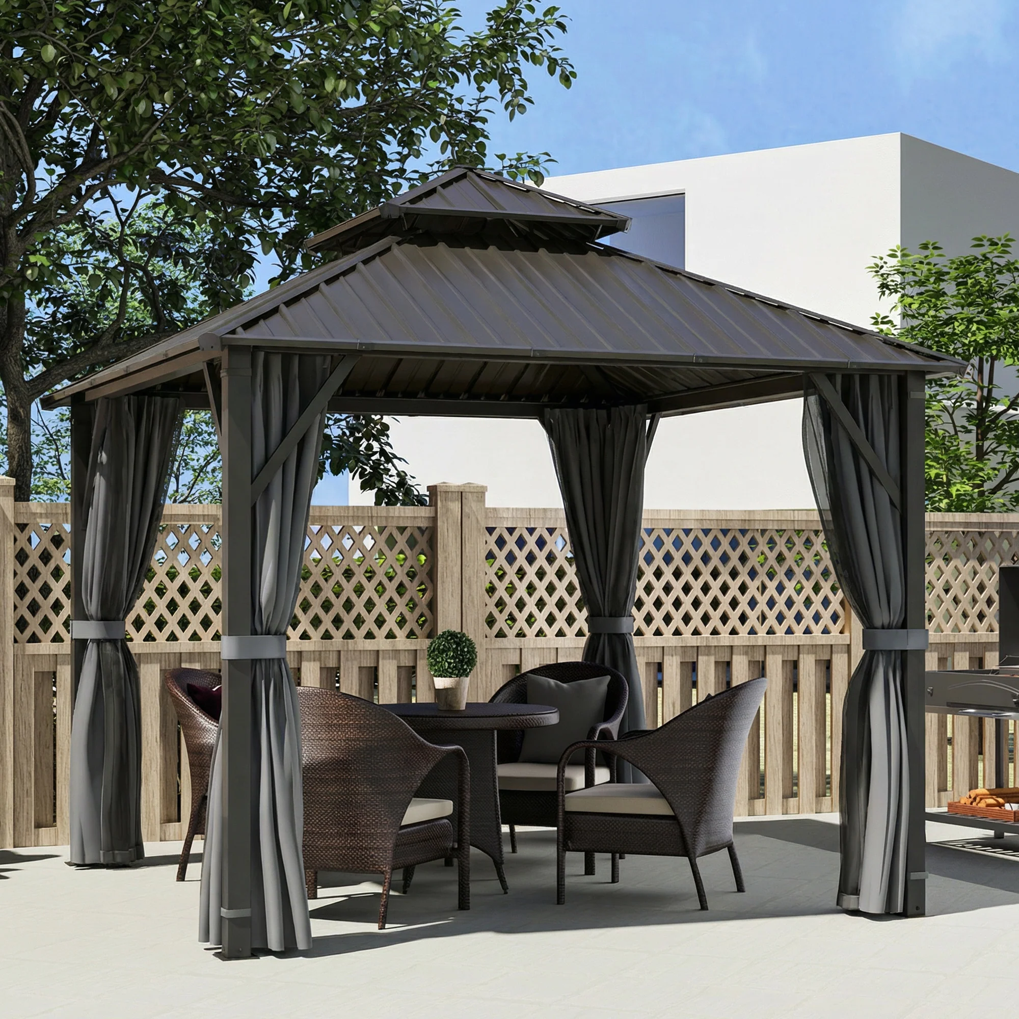 Outsunny 3 X 3(m) Hardtop Gazebo With Metal Roof, Netting And Curtains, Grey - Image 2