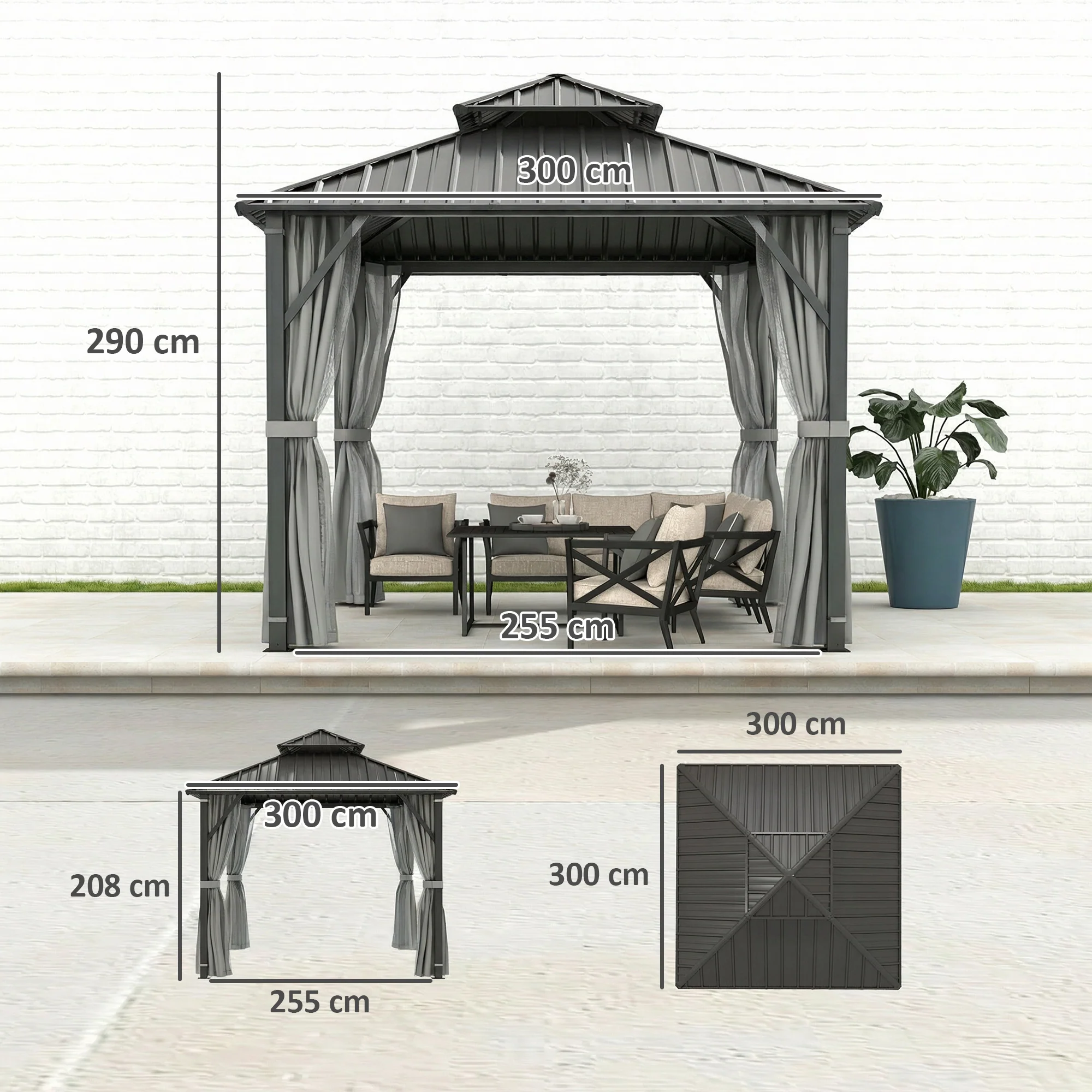 Outsunny 3 X 3(m) Hardtop Gazebo With Metal Roof, Netting And Curtains, Grey - Image 3
