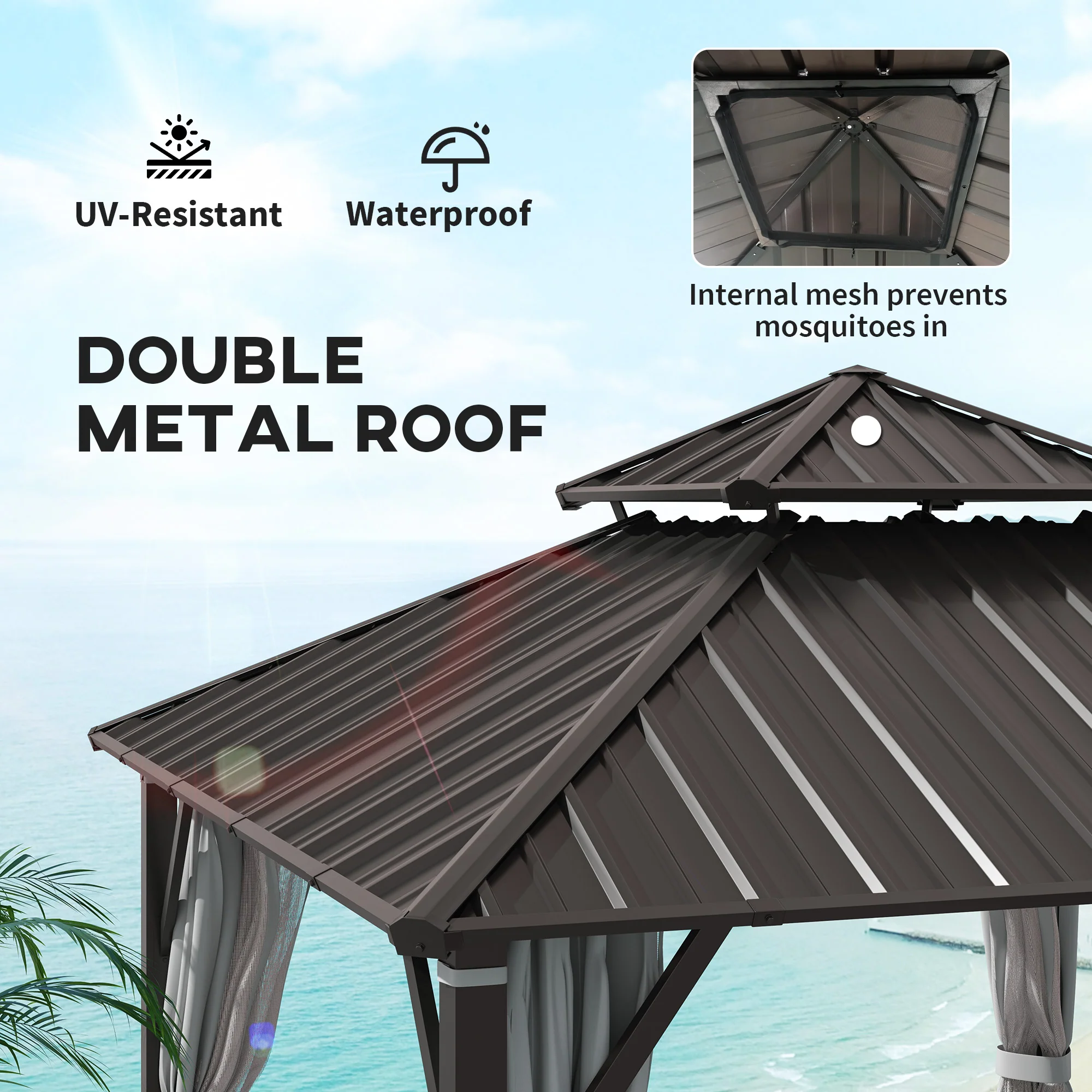 Outsunny 3 X 3(m) Hardtop Gazebo With Metal Roof, Netting And Curtains, Grey - Image 4