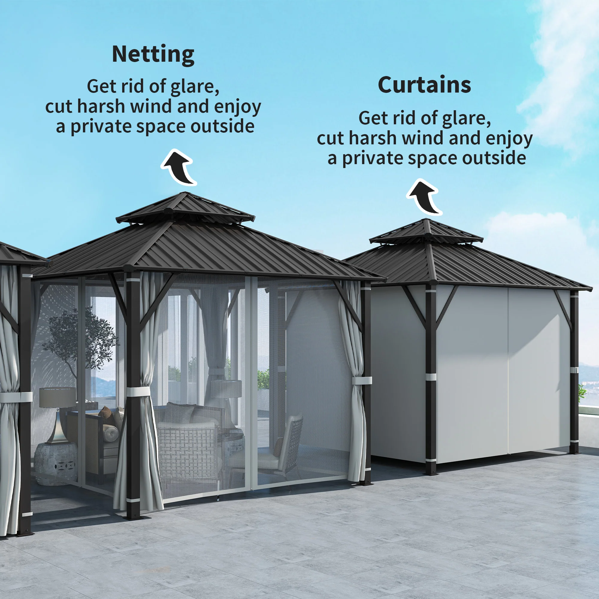 Outsunny 3 X 3(m) Hardtop Gazebo With Metal Roof, Netting And Curtains, Grey - Image 7