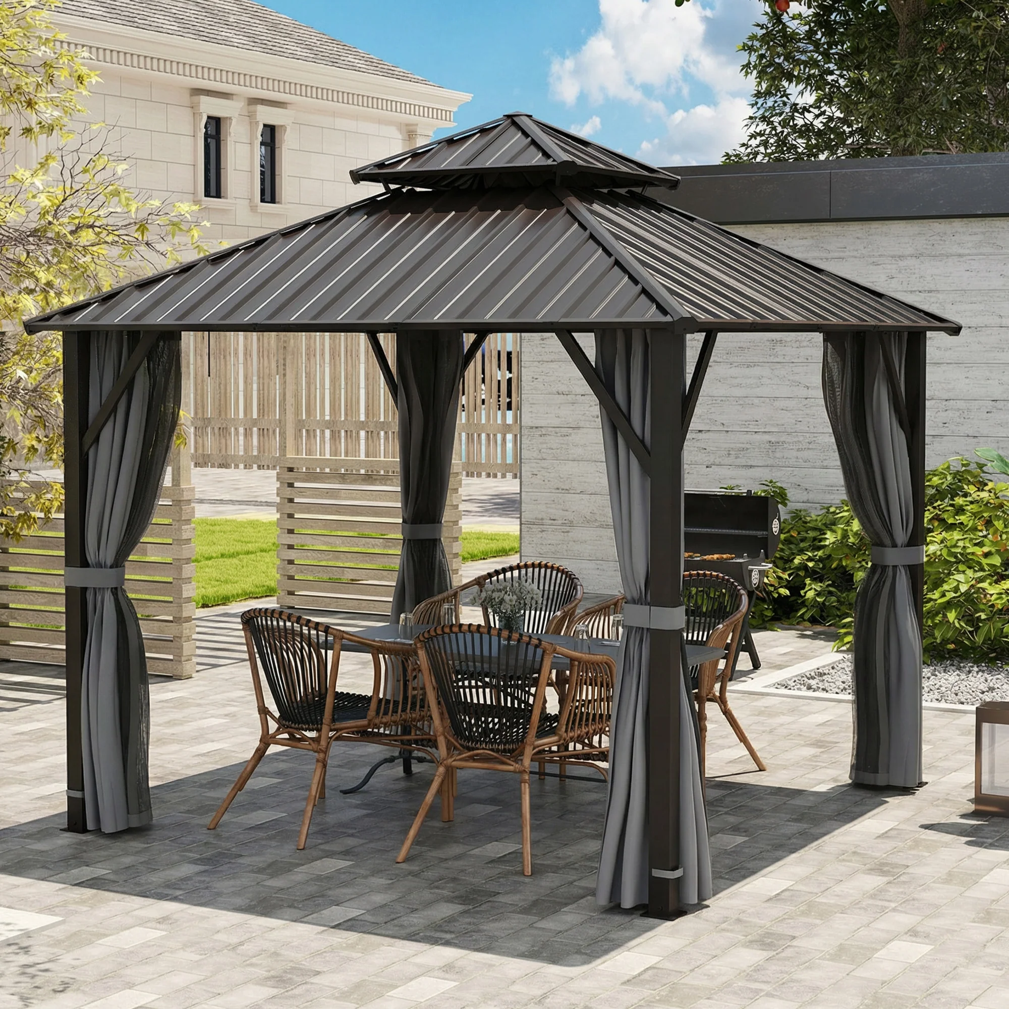 Outsunny 3 X 3(m) Hardtop Gazebo With Metal Roof, Netting And Curtains, Grey - Image 9