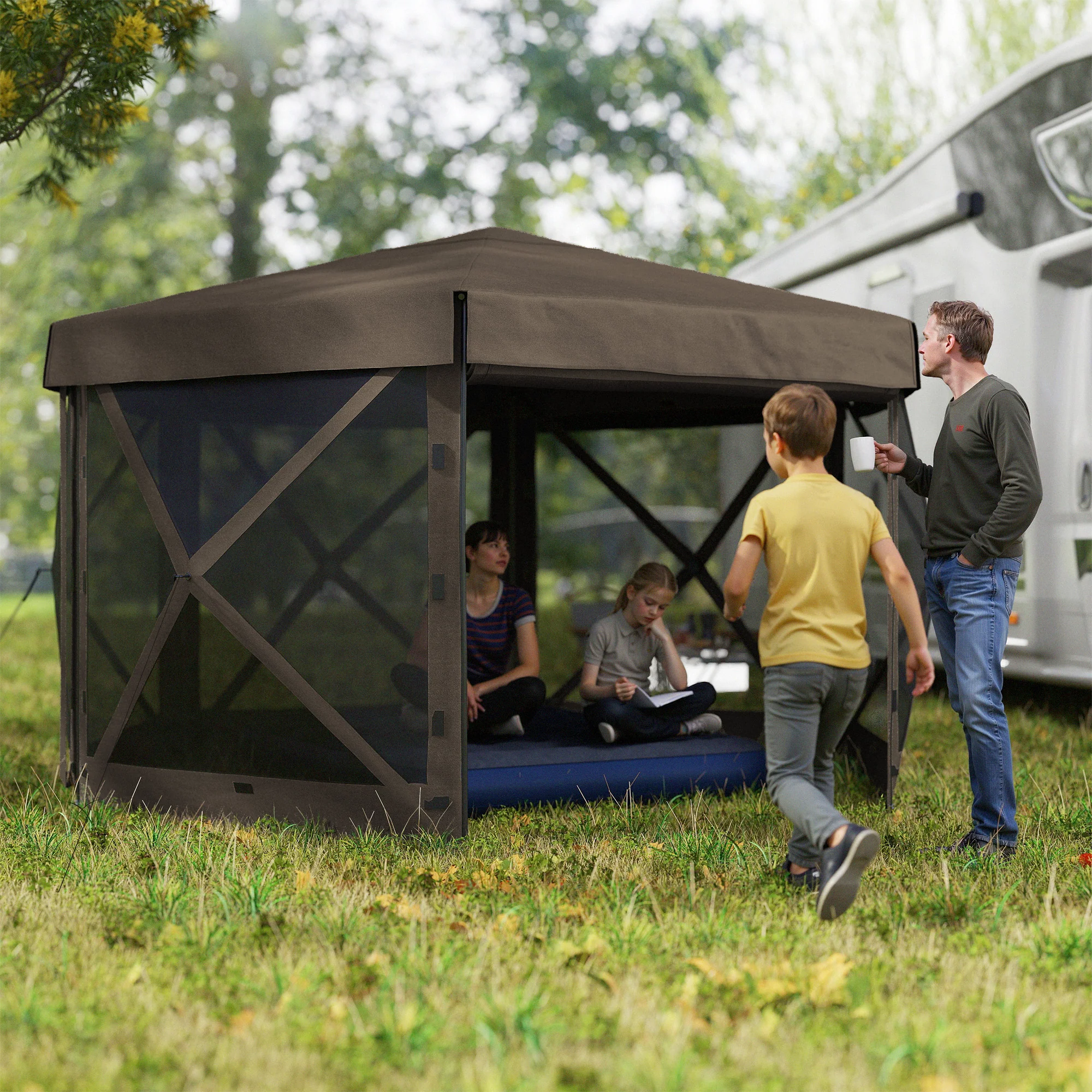 Outsunny 3 x 3(m) Hexagon Pop Up Gazebo with 5 Sides, Netting, Brown - Image 2