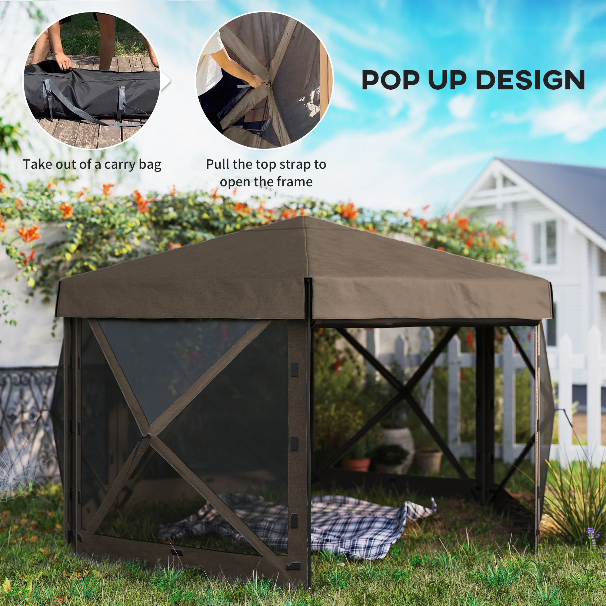 Outsunny 3 x 3(m) Hexagon Pop Up Gazebo with 5 Sides, Netting, Brown - Image 3