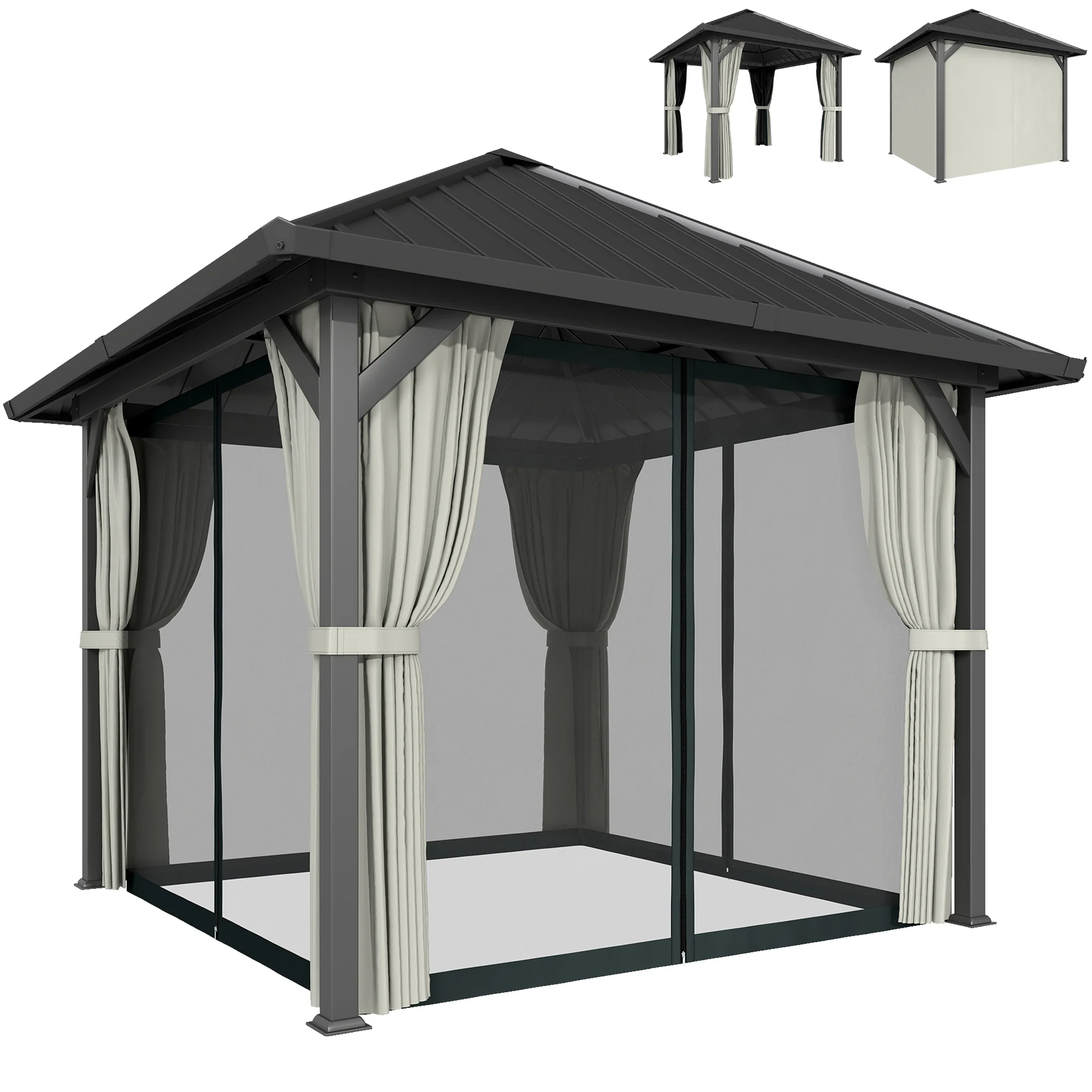 Outsunny 3 X 3(m) Metal Hardtop Gazebo With Netting And Curtains, Black