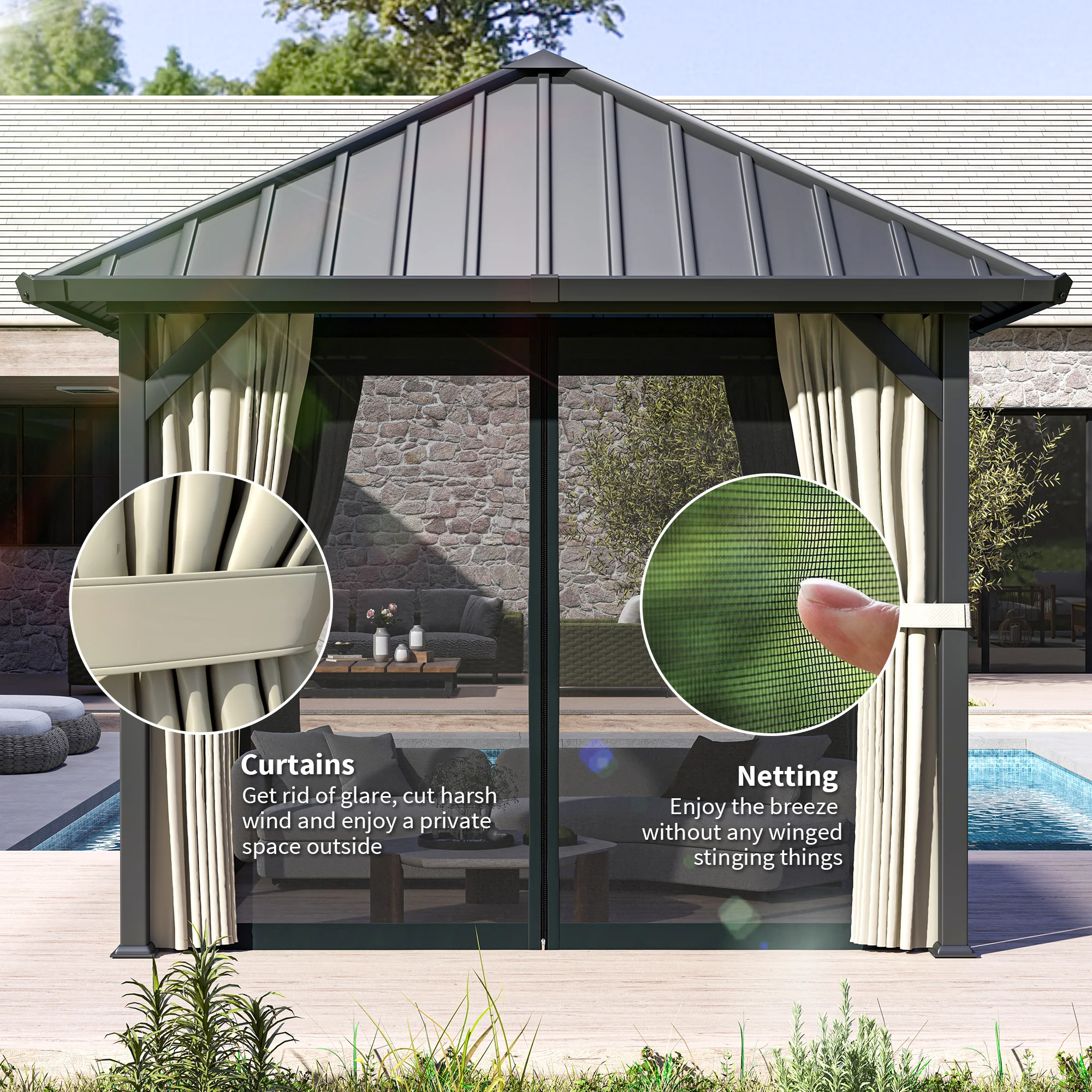 Outsunny 3 X 3(m) Metal Hardtop Gazebo With Netting And Curtains, Black - Image 7