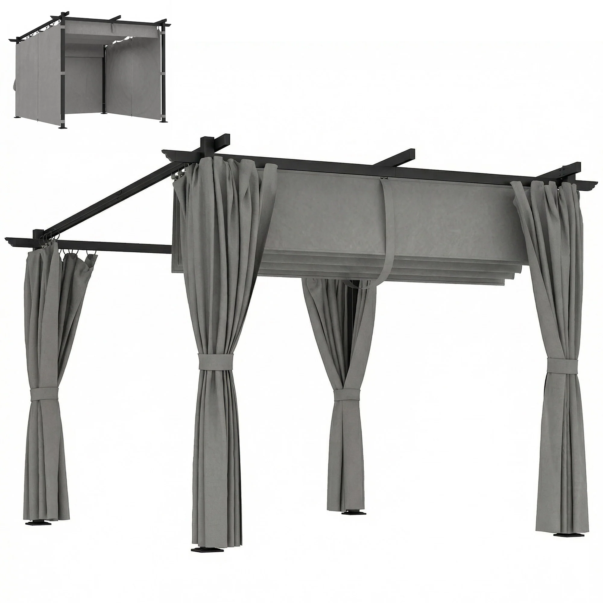 Outsunny 3 X 3(m) Metal Pergola With Retractable Roof And Sidewalls, Light Grey