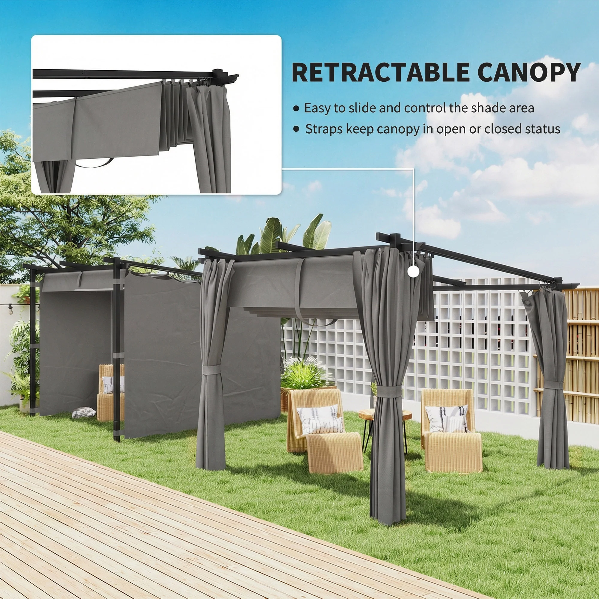 Outsunny 3 X 3(m) Metal Pergola With Retractable Roof And Sidewalls, Light Grey - Image 4