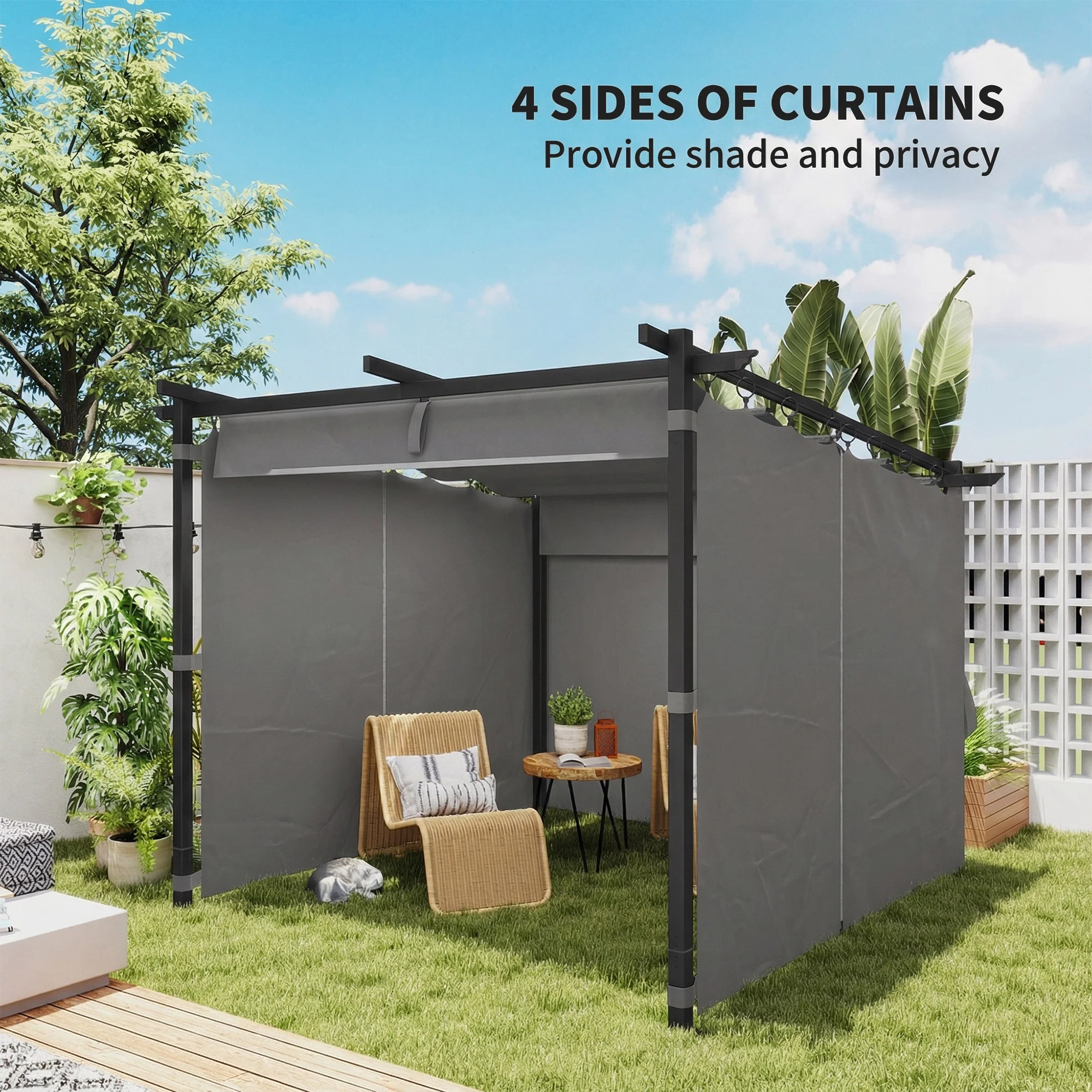 Outsunny 3 X 3(m) Metal Pergola With Retractable Roof And Sidewalls, Light Grey - Image 5