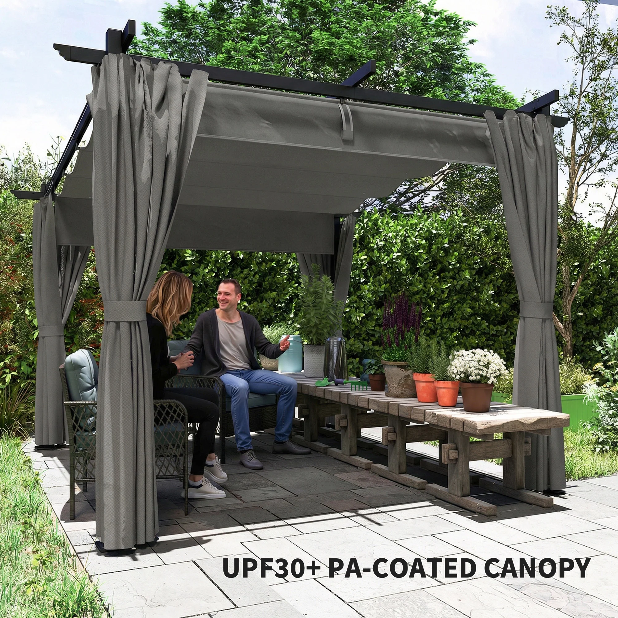 Outsunny 3 X 3(m) Metal Pergola With Retractable Roof And Sidewalls, Light Grey - Image 6