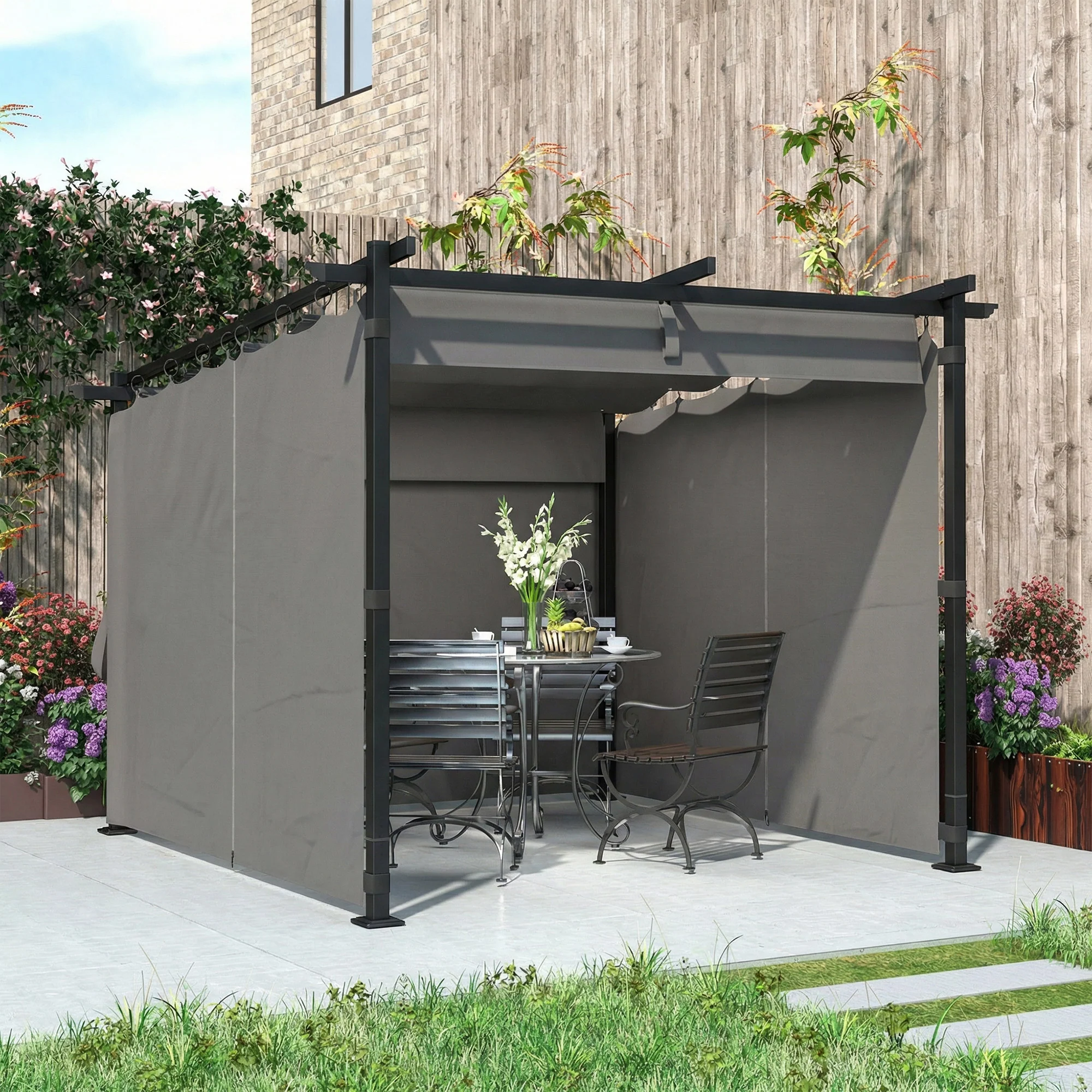Outsunny 3 X 3(m) Metal Pergola With Retractable Roof And Sidewalls, Light Grey - Image 9