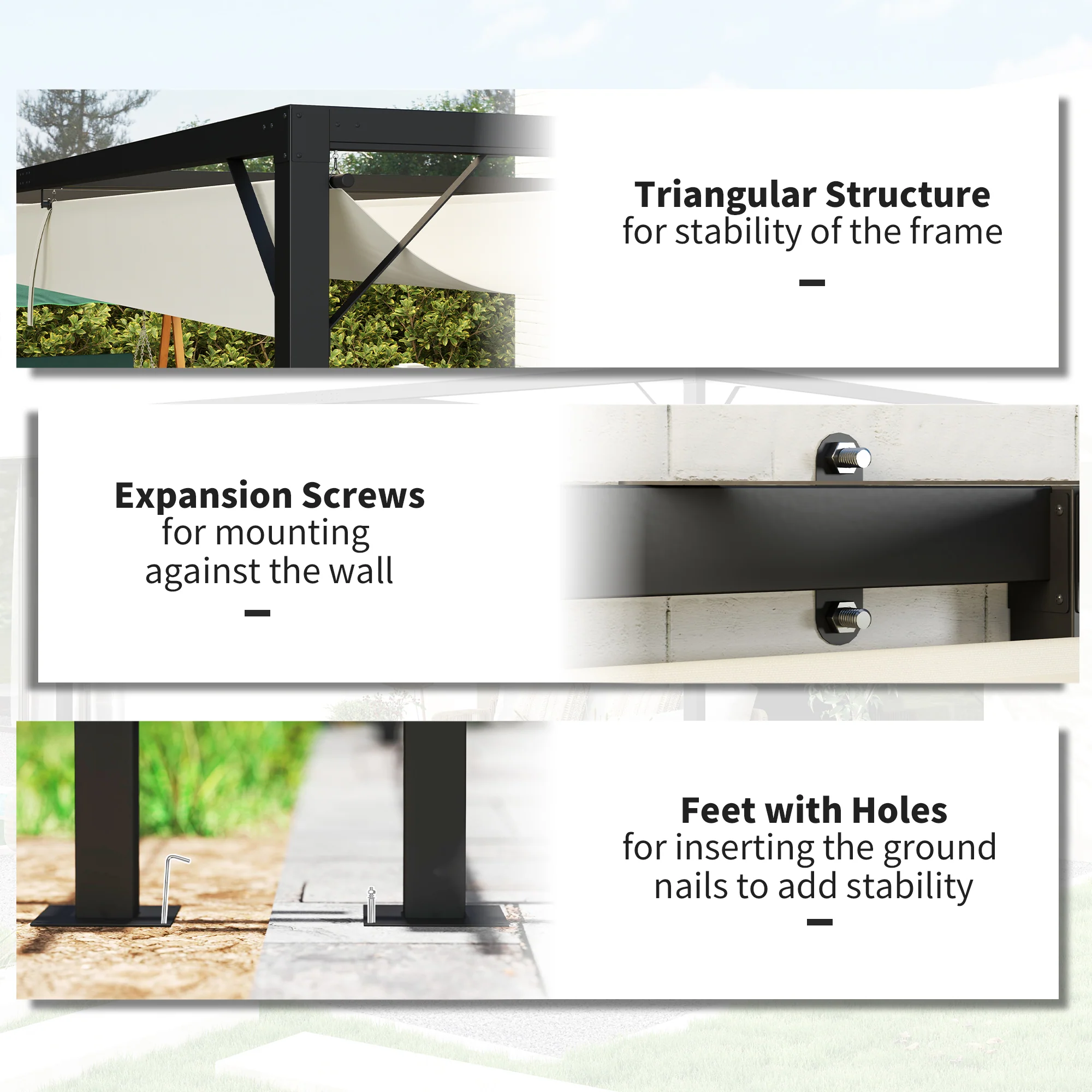 Outsunny 3 x 3(m) Outdoor Pergola Retractable Canopy Wall Mounted, Cream - Image 6