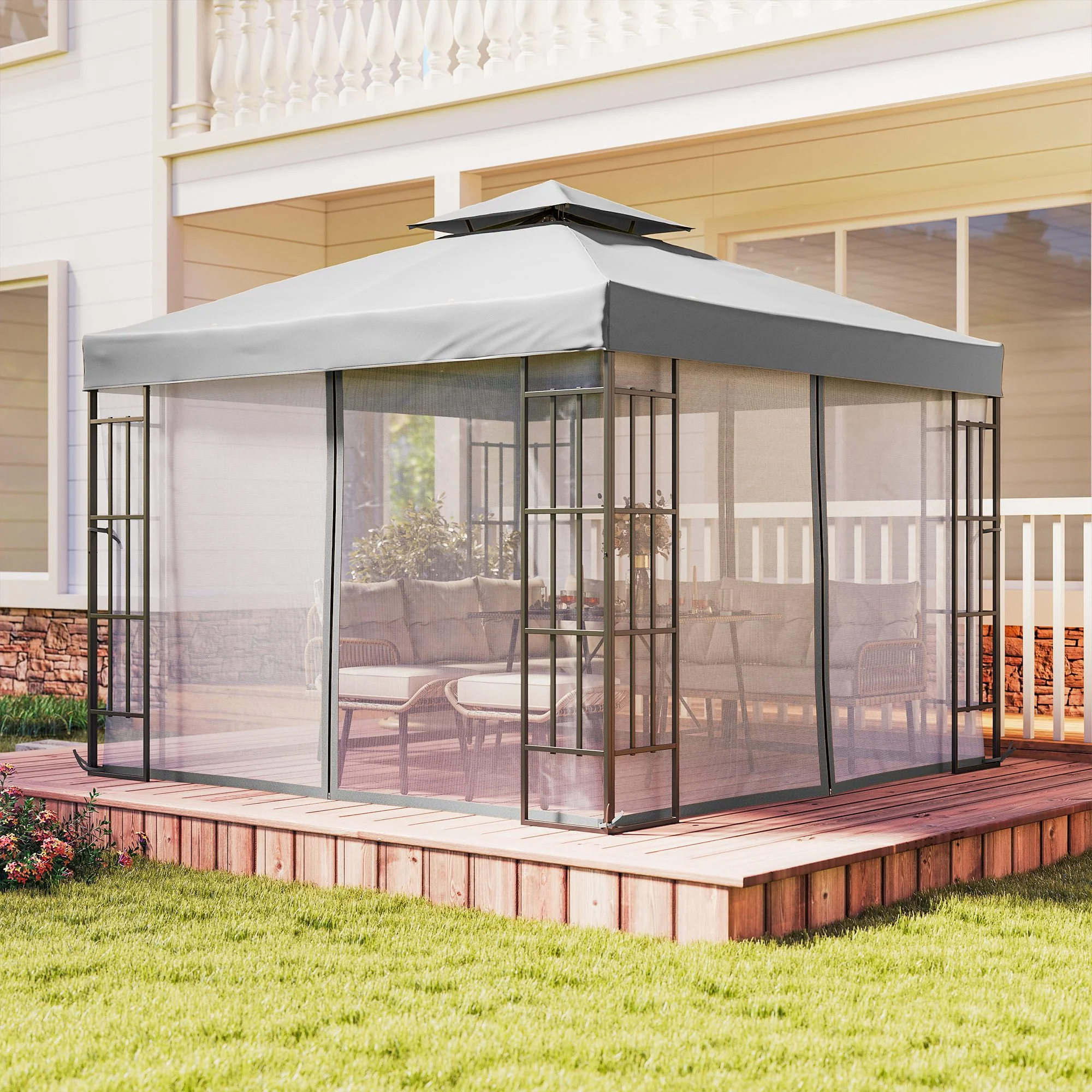 Outsunny 3 x 3(m) Patio Gazebo Canopy Garden Pavilion, Light Grey - Image 8