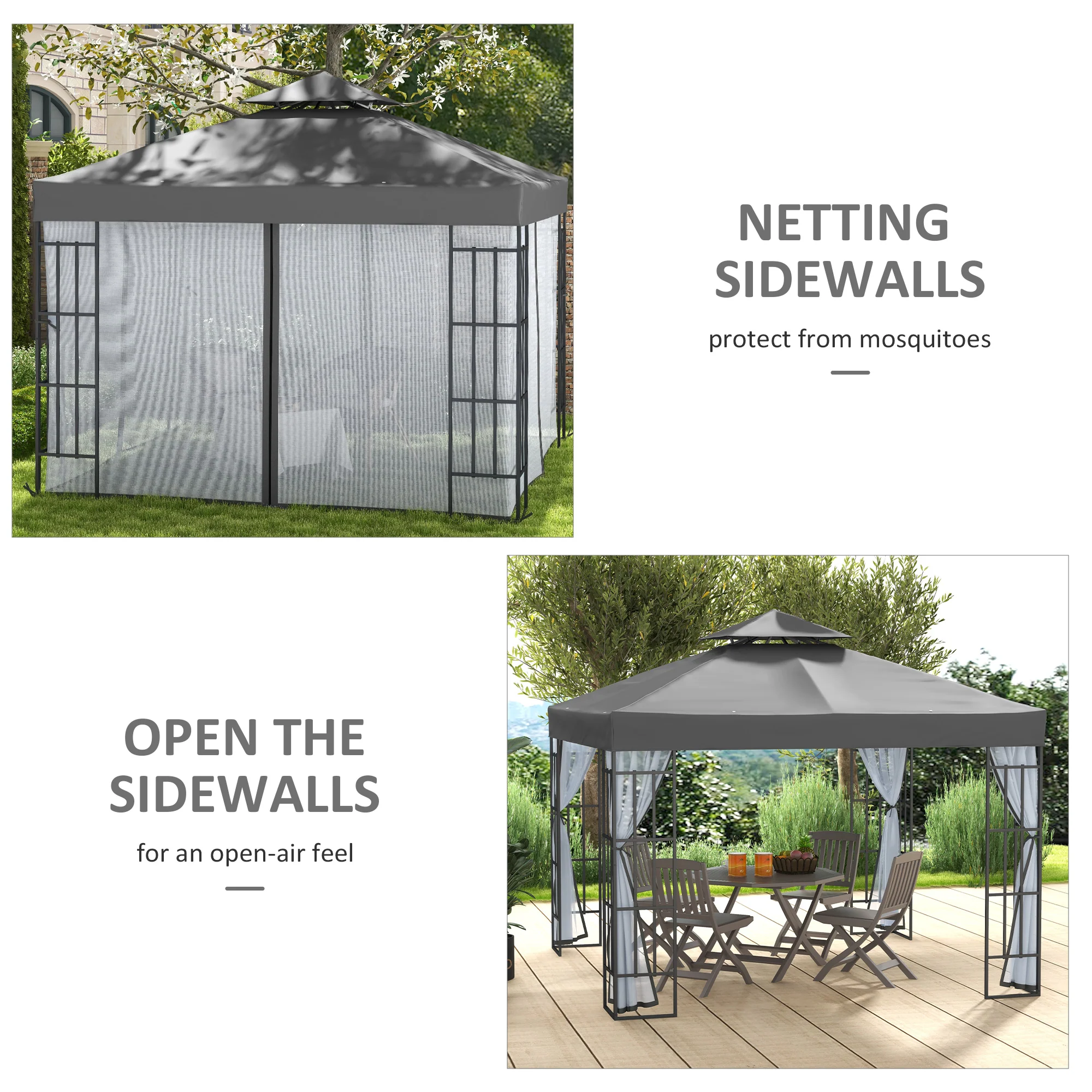 Outsunny 3 x 3(m) Patio Gazebo Canopy Garden Pavilion with 2 Tier Roof, Grey - Image 6