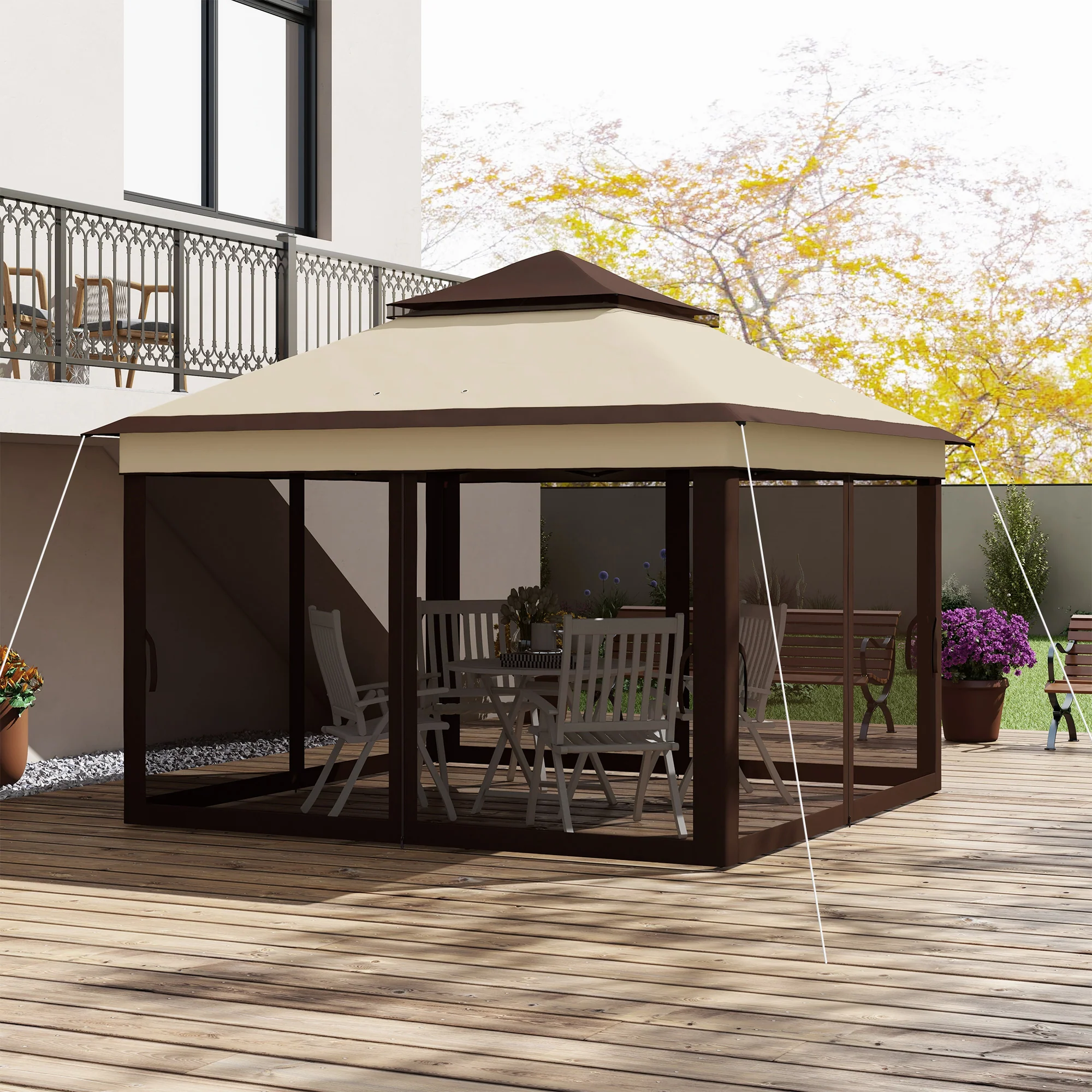 Outsunny 3 x 3(m) Pop Up Gazebo Tent with Netting, Height Adjustable, Beige - Image 8