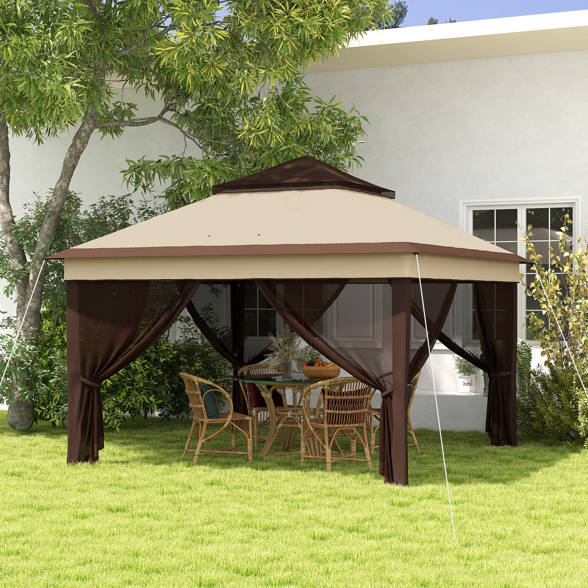 Outsunny 3 x 3(m) Pop Up Gazebo Tent with Netting, Height Adjustable, Beige - Image 2
