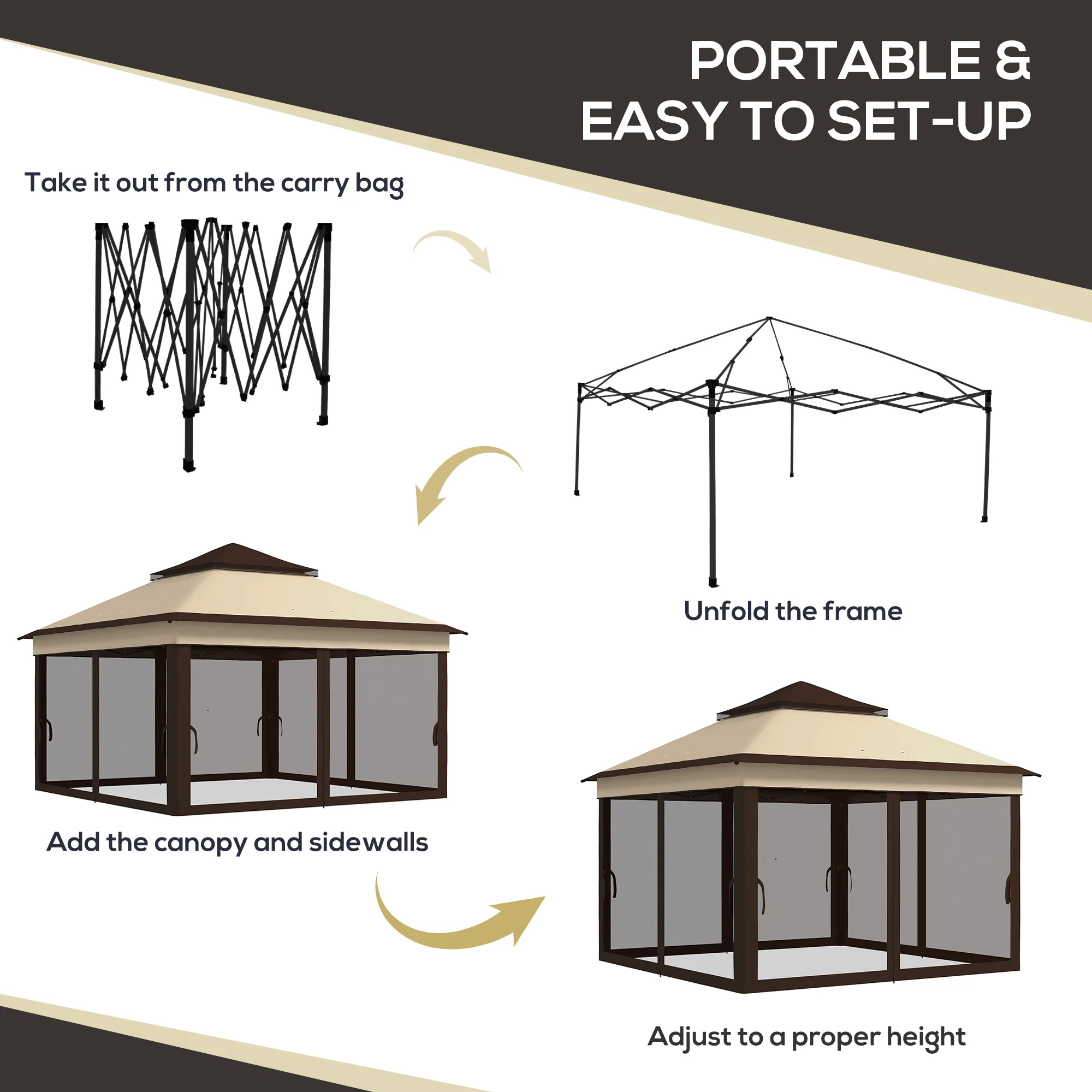Outsunny 3 x 3(m) Pop Up Gazebo Tent with Netting, Height Adjustable, Beige - Image 3