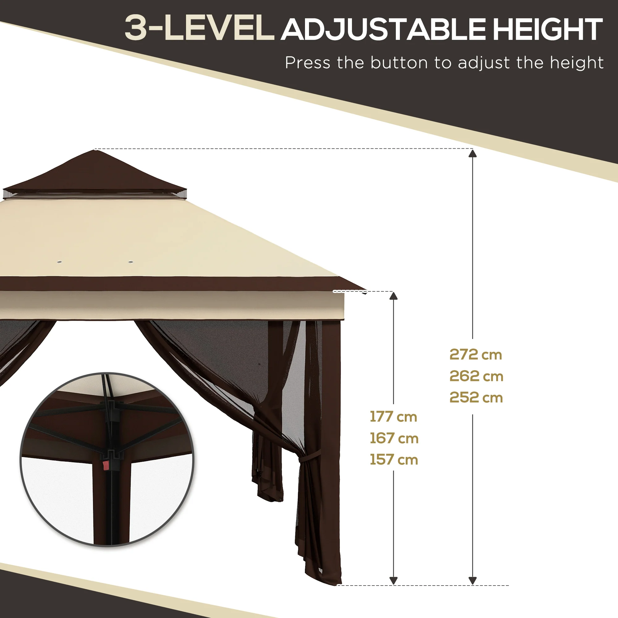 Outsunny 3 x 3(m) Pop Up Gazebo Tent with Netting, Height Adjustable, Beige - Image 4