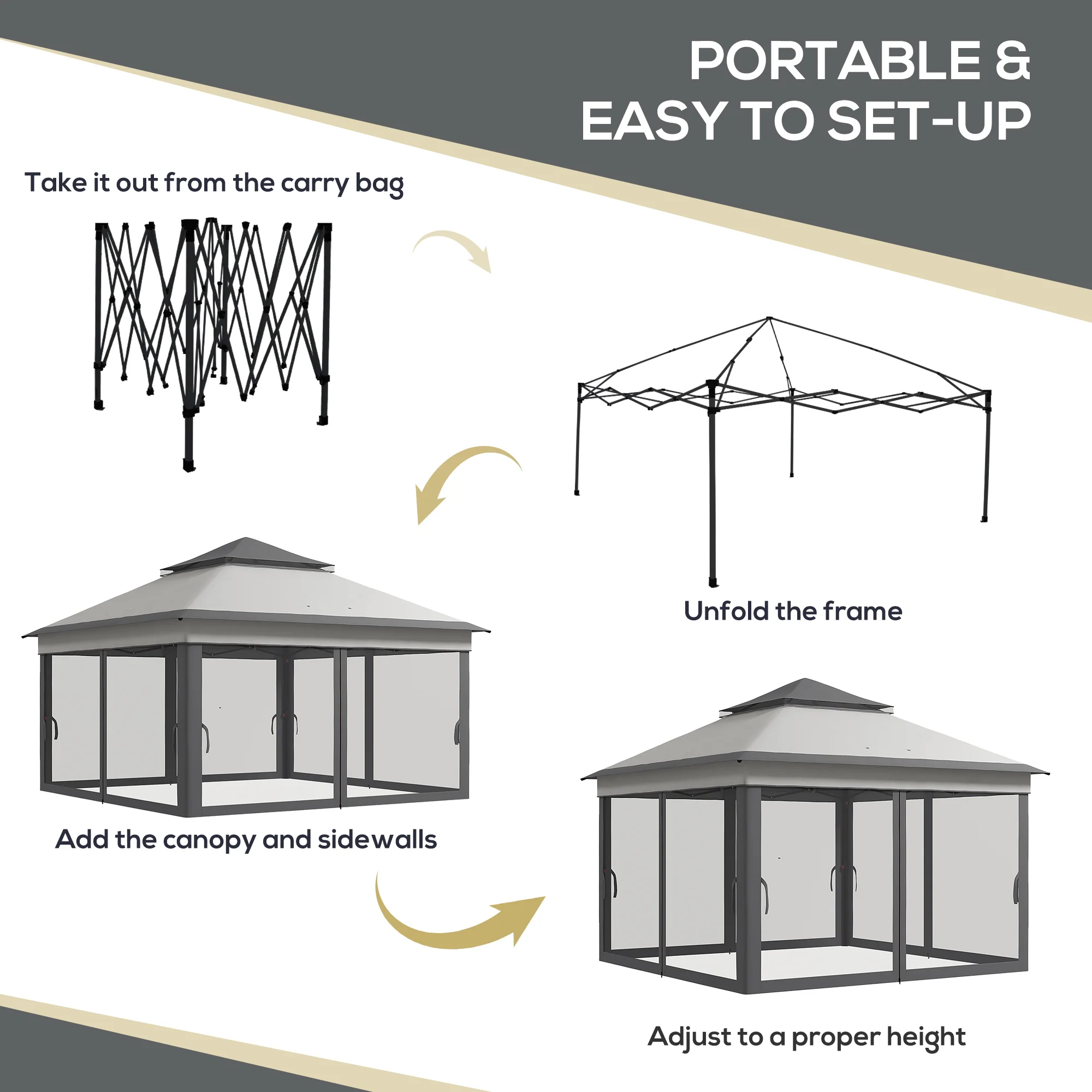 Outsunny 3 x 3(m) Pop Up Gazebo Tent with Netting, Height Adjustable, Grey - Image 3