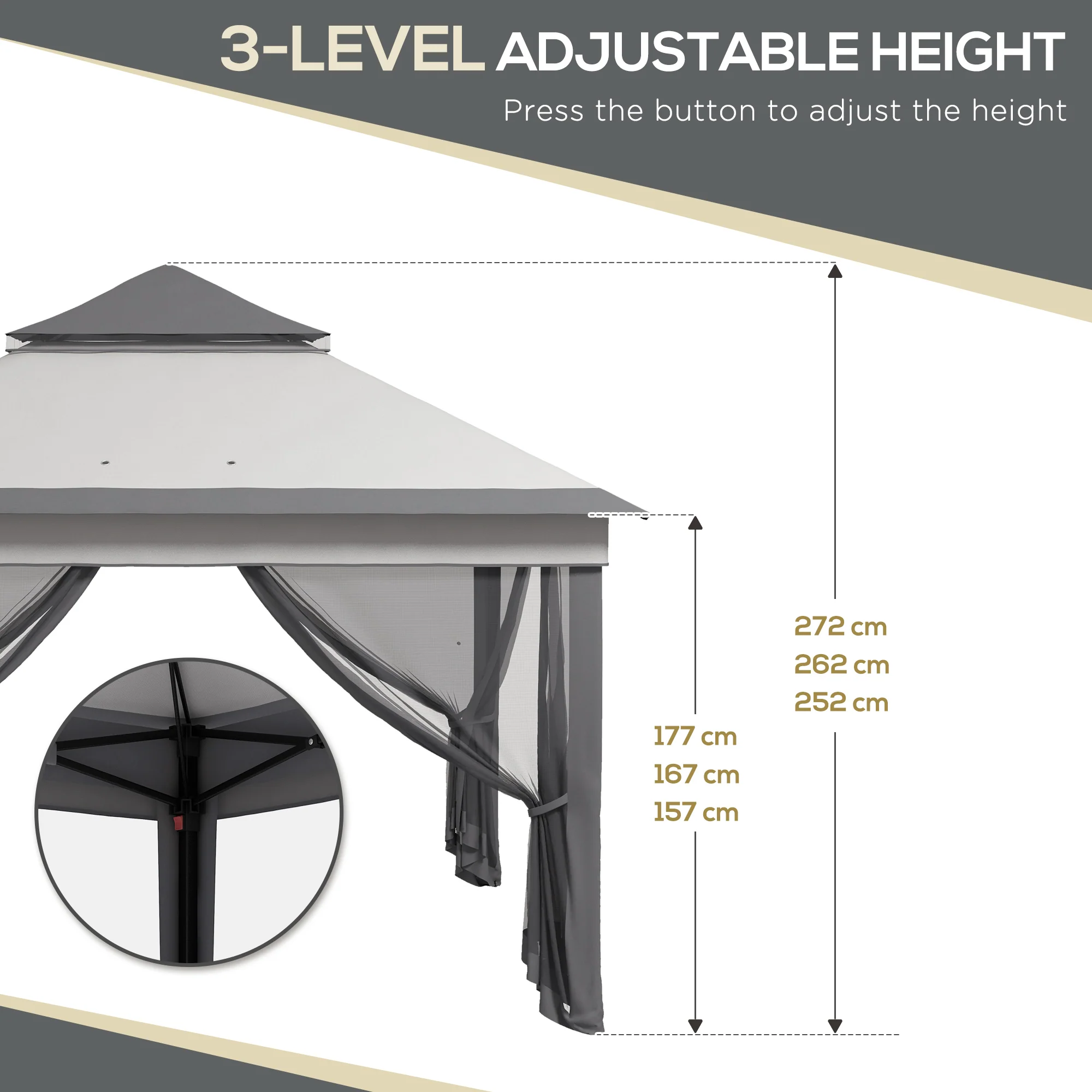 Outsunny 3 x 3(m) Pop Up Gazebo Tent with Netting, Height Adjustable, Grey - Image 4