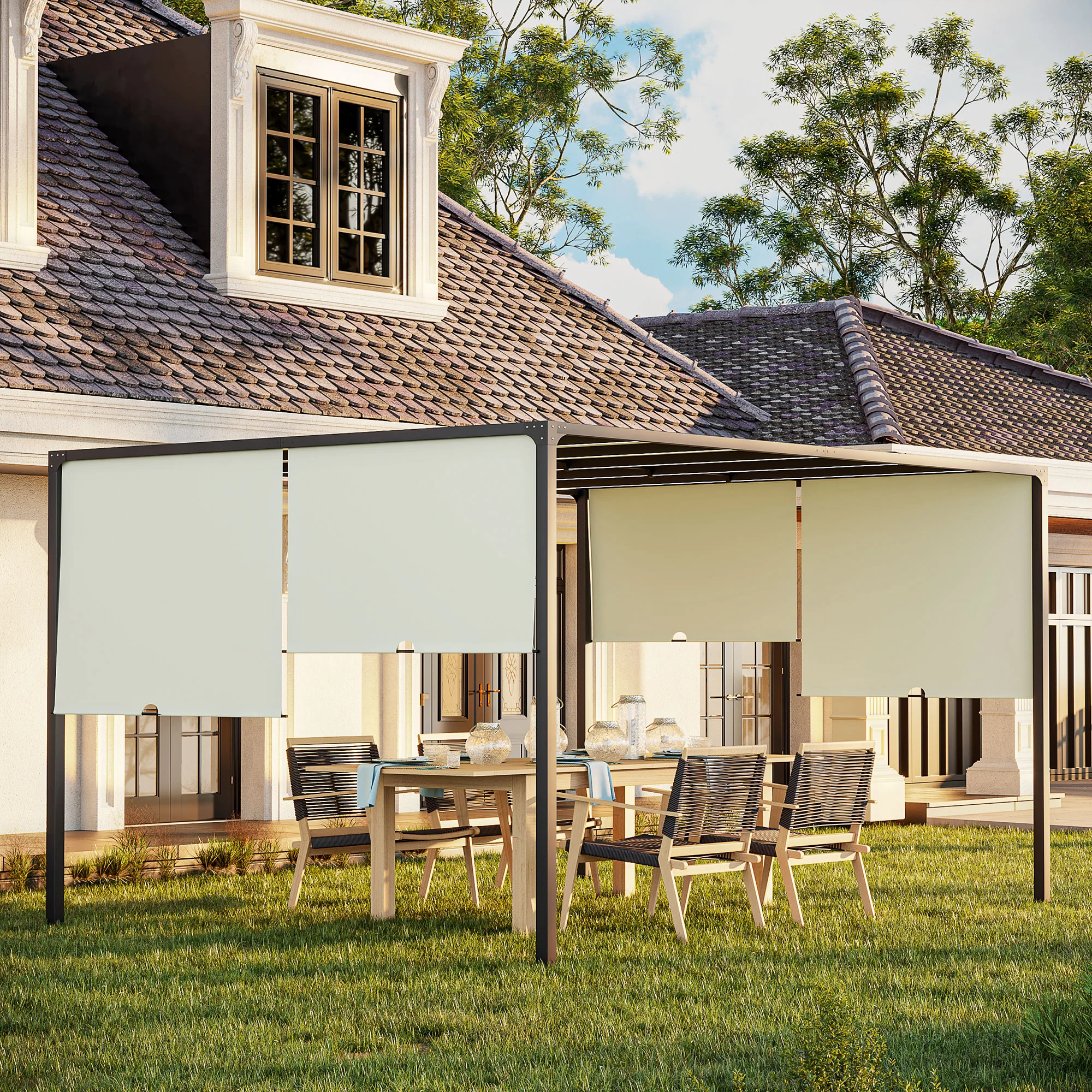 Outsunny 3 x 4m utdoor Garden Pergola with LED Lights Cream White - Image 2