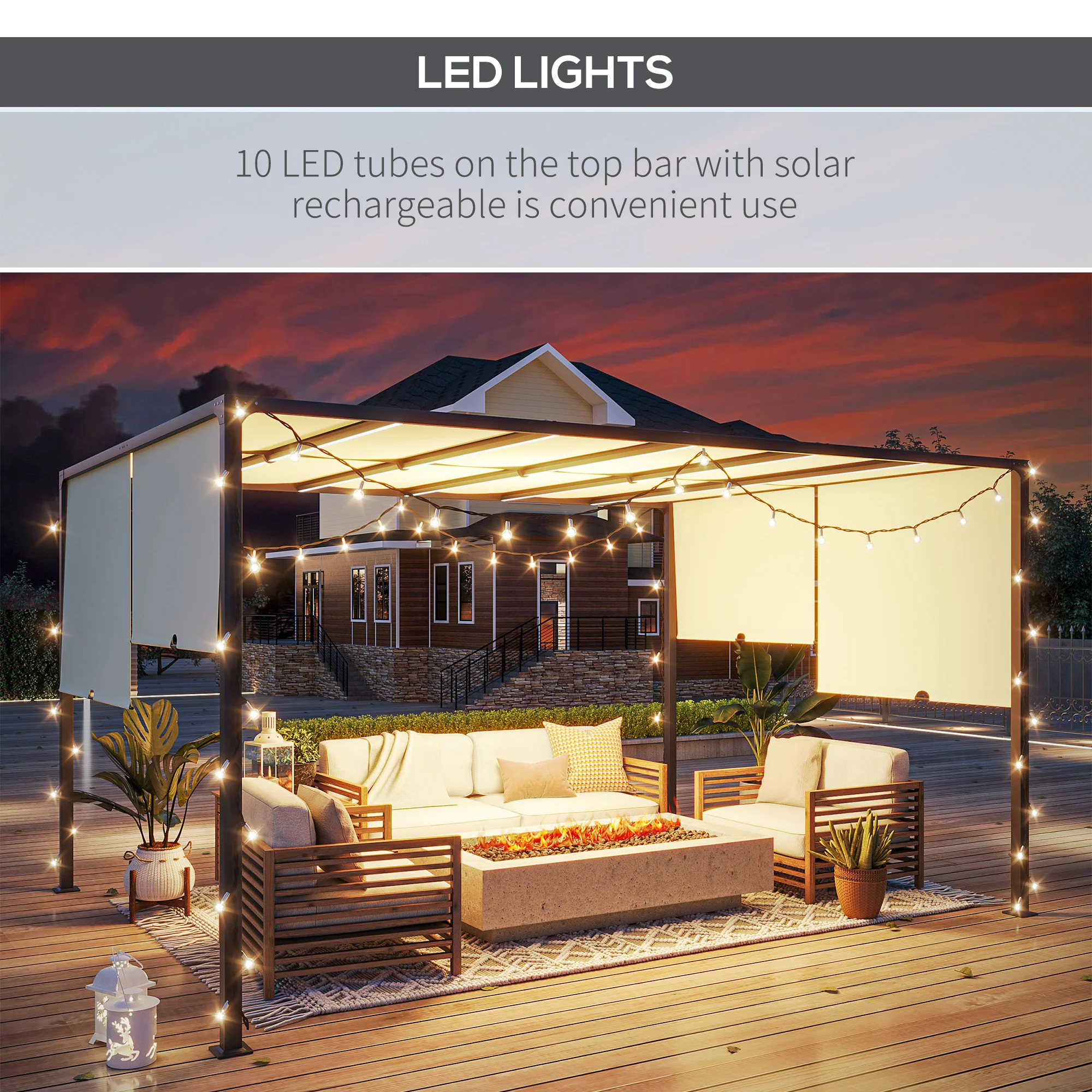 Outsunny 3 x 4m utdoor Garden Pergola with LED Lights Cream White - Image 4
