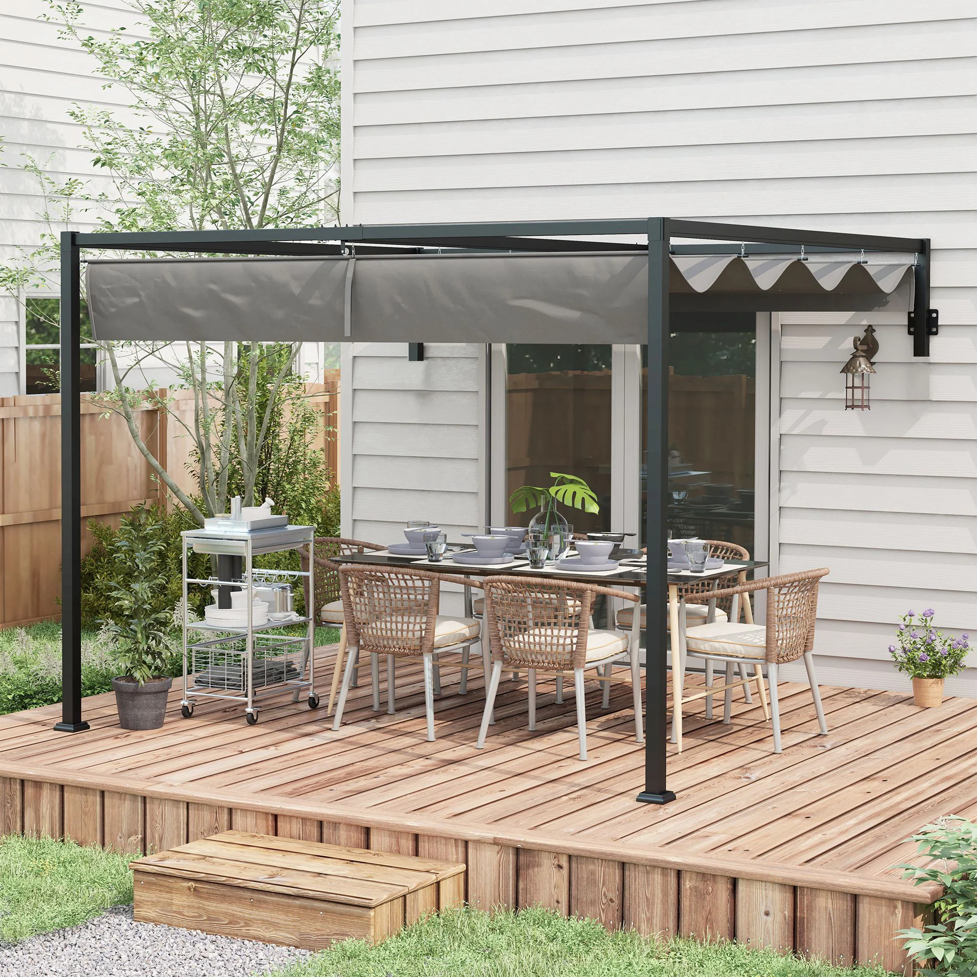 Outsunny 3 x 4m Wall Mounted Pergola with Retractable Sun Shade Canopy - Image 2