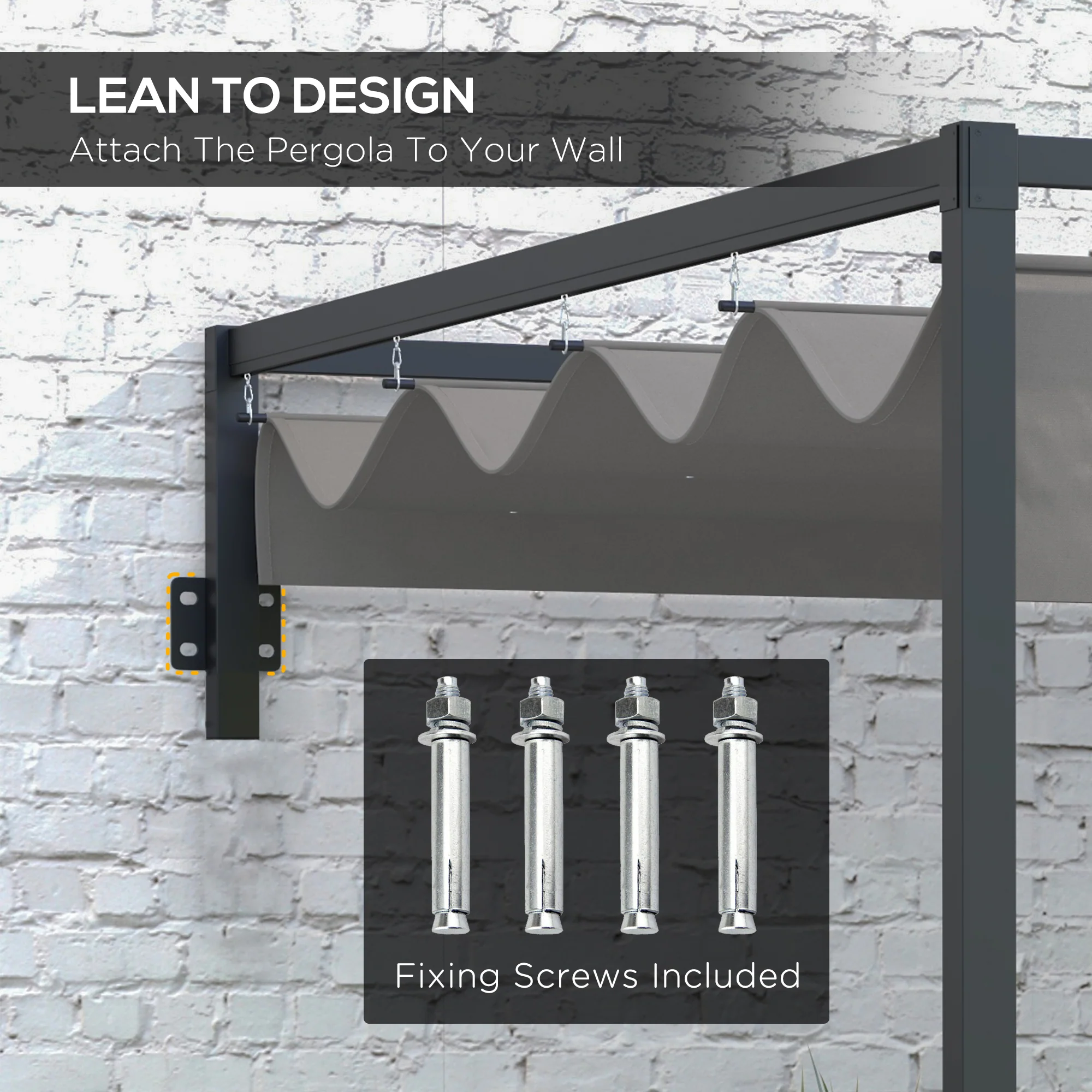 Outsunny 3 x 4m Wall Mounted Pergola with Retractable Sun Shade Canopy - Image 3