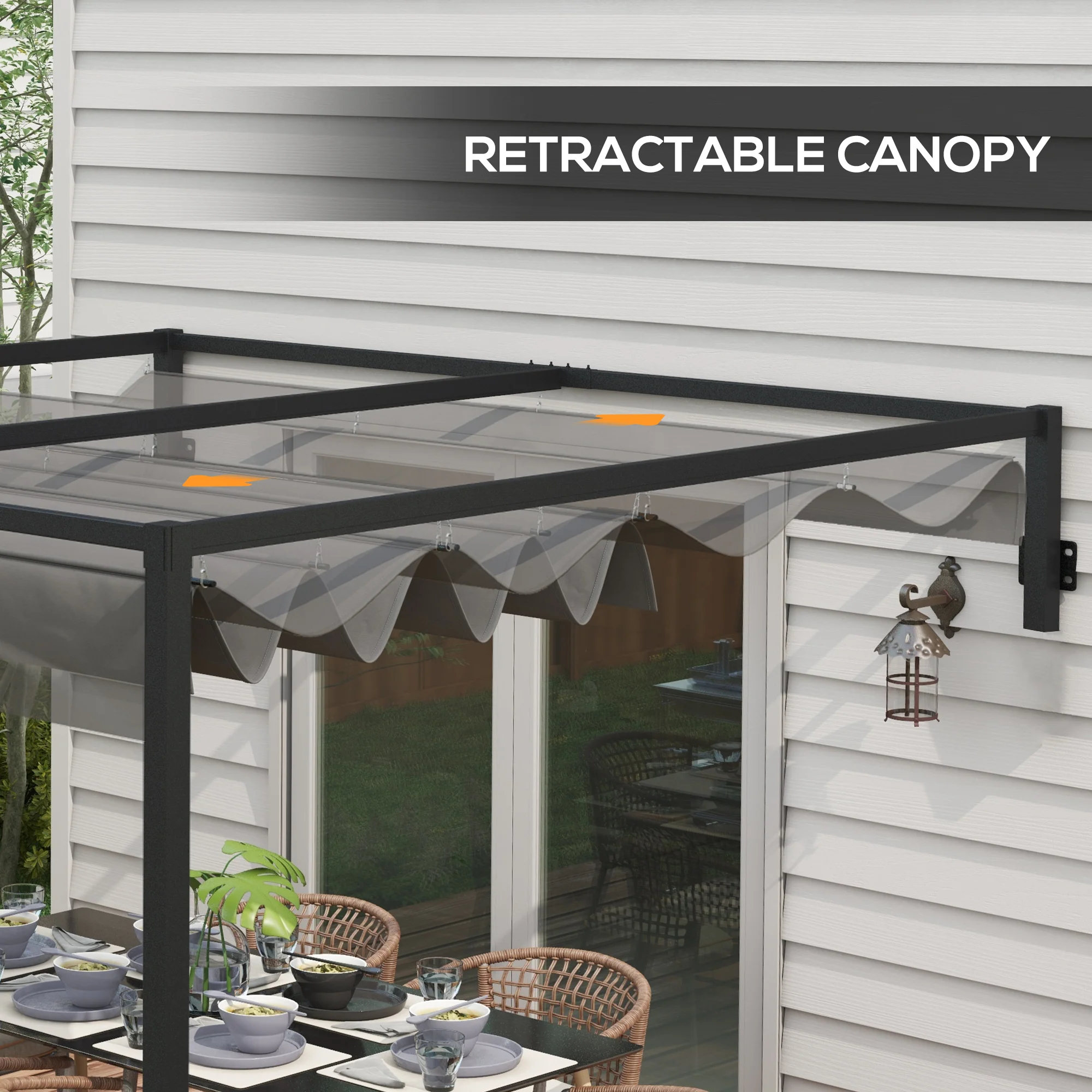 Outsunny 3 x 4m Wall Mounted Pergola with Retractable Sun Shade Canopy - Image 4