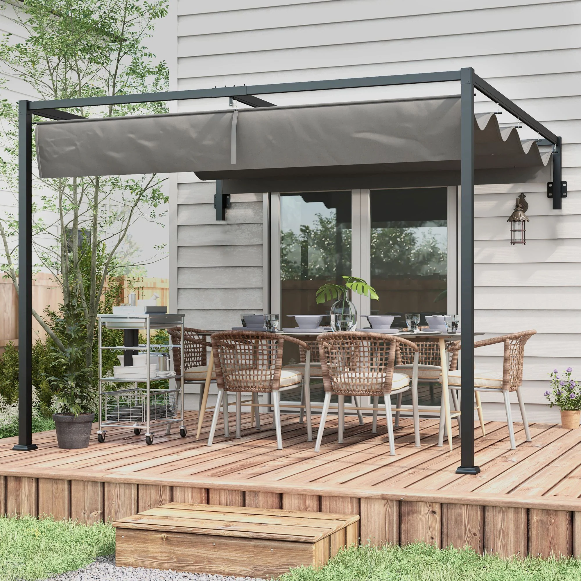 Outsunny 3 x 4m Wall Mounted Pergola with Retractable Sun Shade Canopy - Image 8