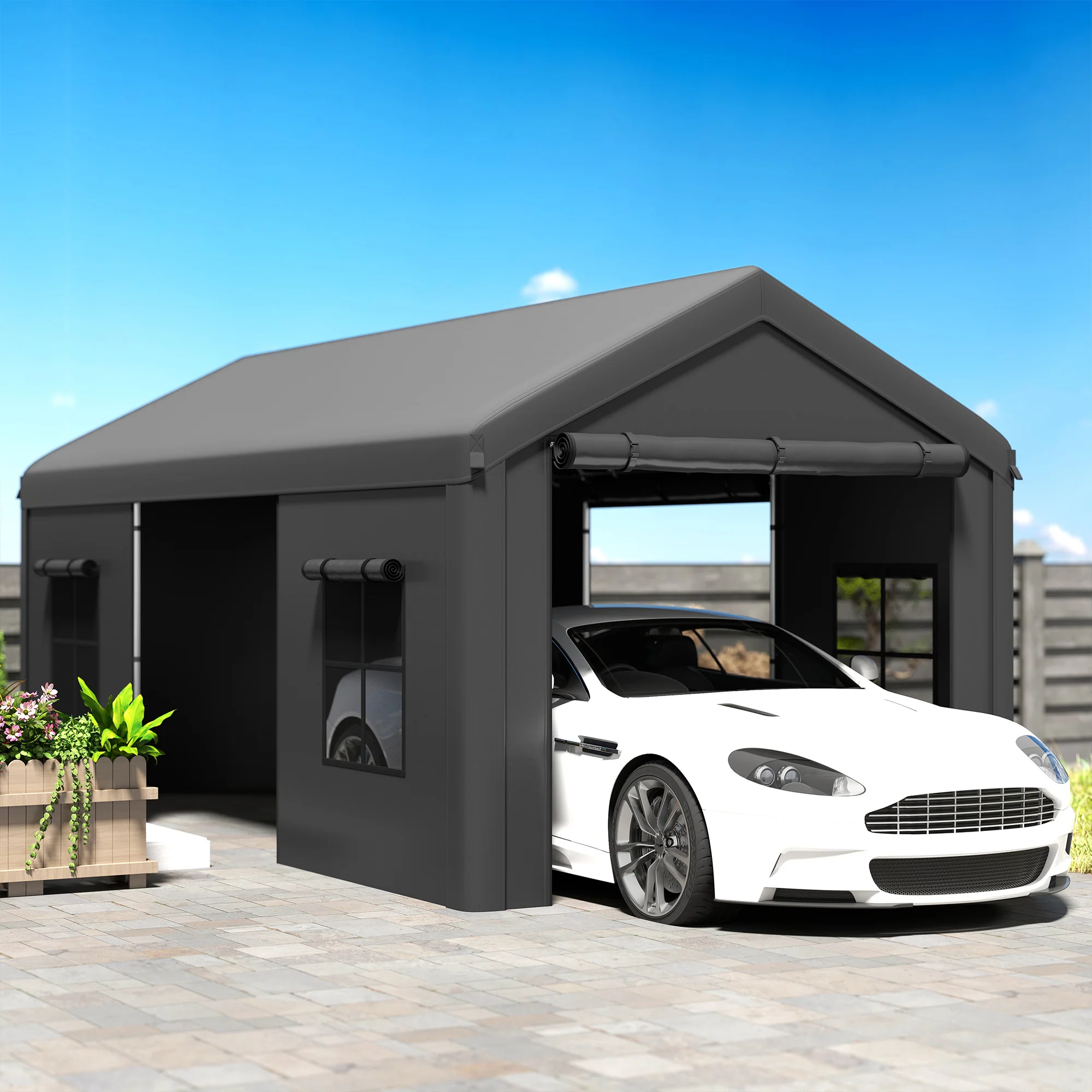 Outsunny 3 x 6 m Heavy Duty Carport, Portable Garage with 3 Doors, Dark Grey - Image 9