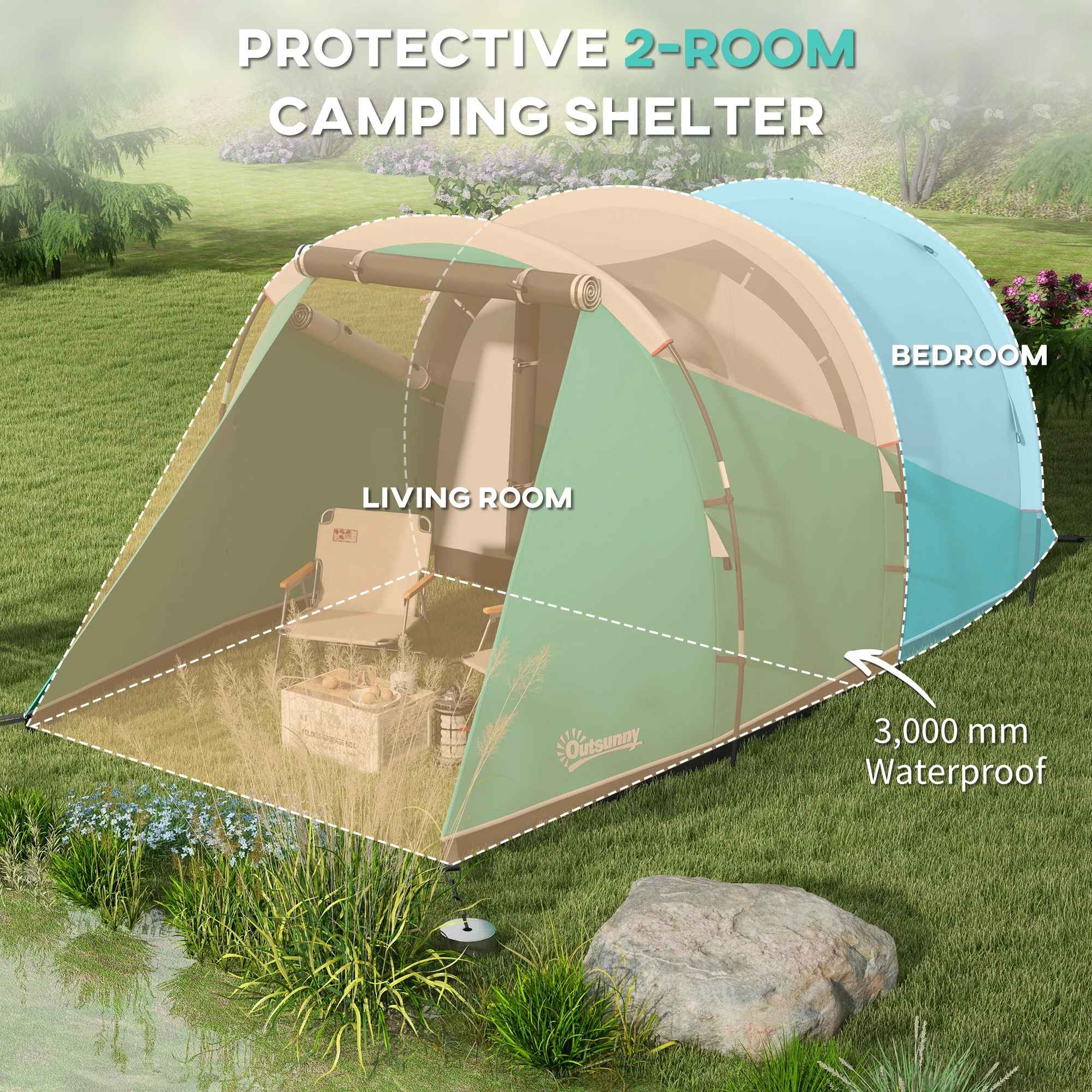 Outsunny 3000mm Waterproof Camping Tent with 2 Rooms for 3 Man, Green - Image 3