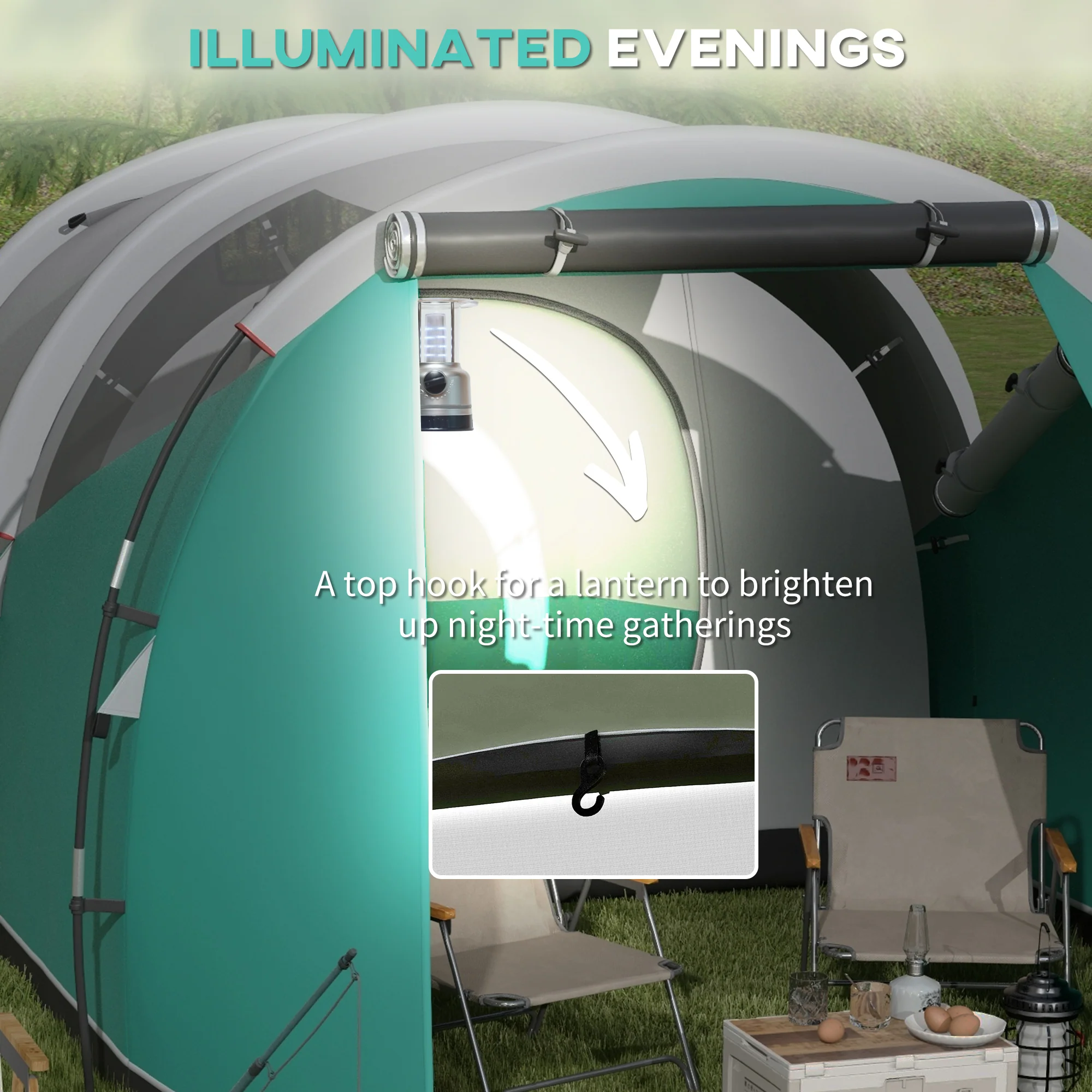 Outsunny 3000mm Waterproof Camping Tent with 2 Rooms for 3 Man, Green - Image 4