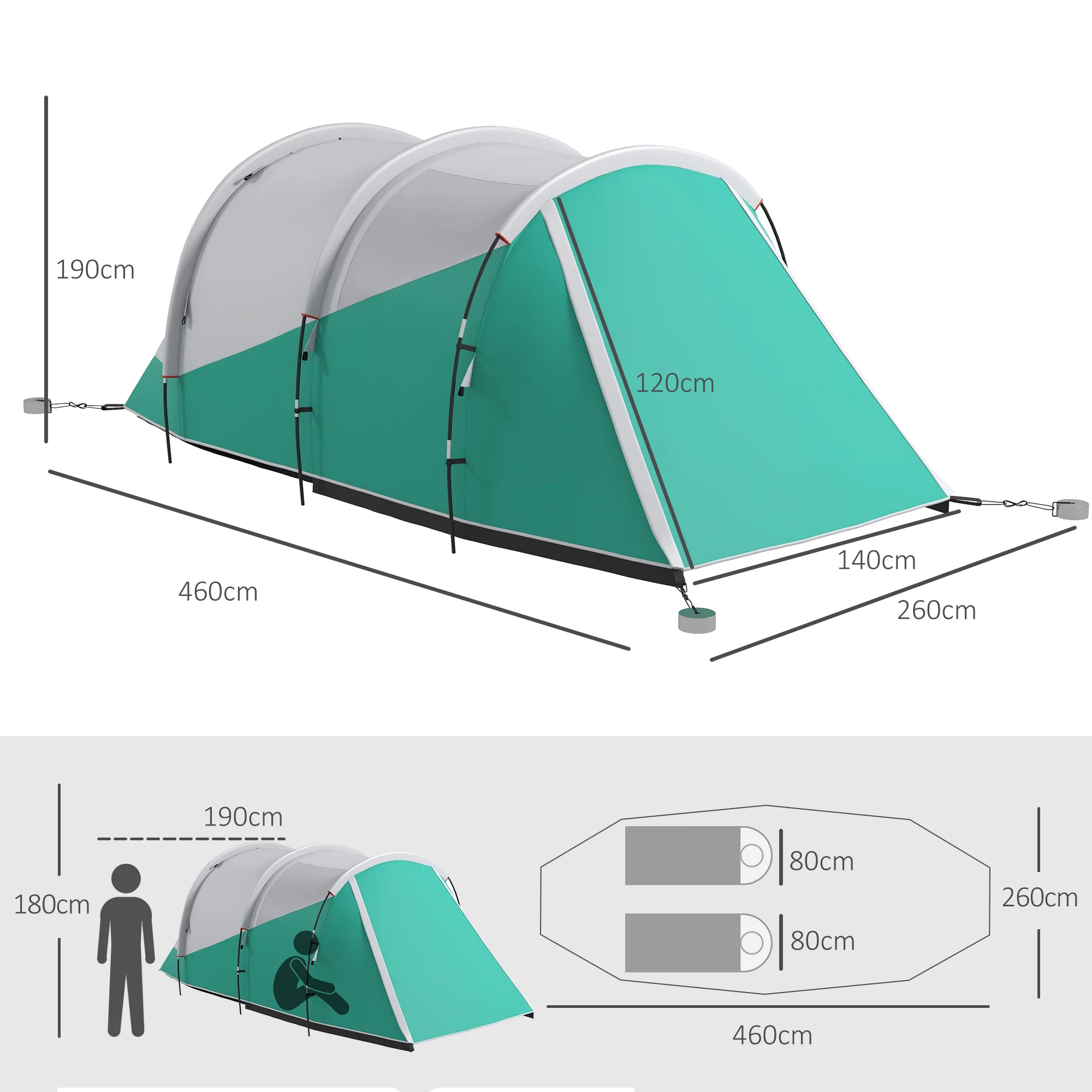Outsunny 3000mm Waterproof Camping Tent with 2 Rooms for 3 Man, Green - Image 5