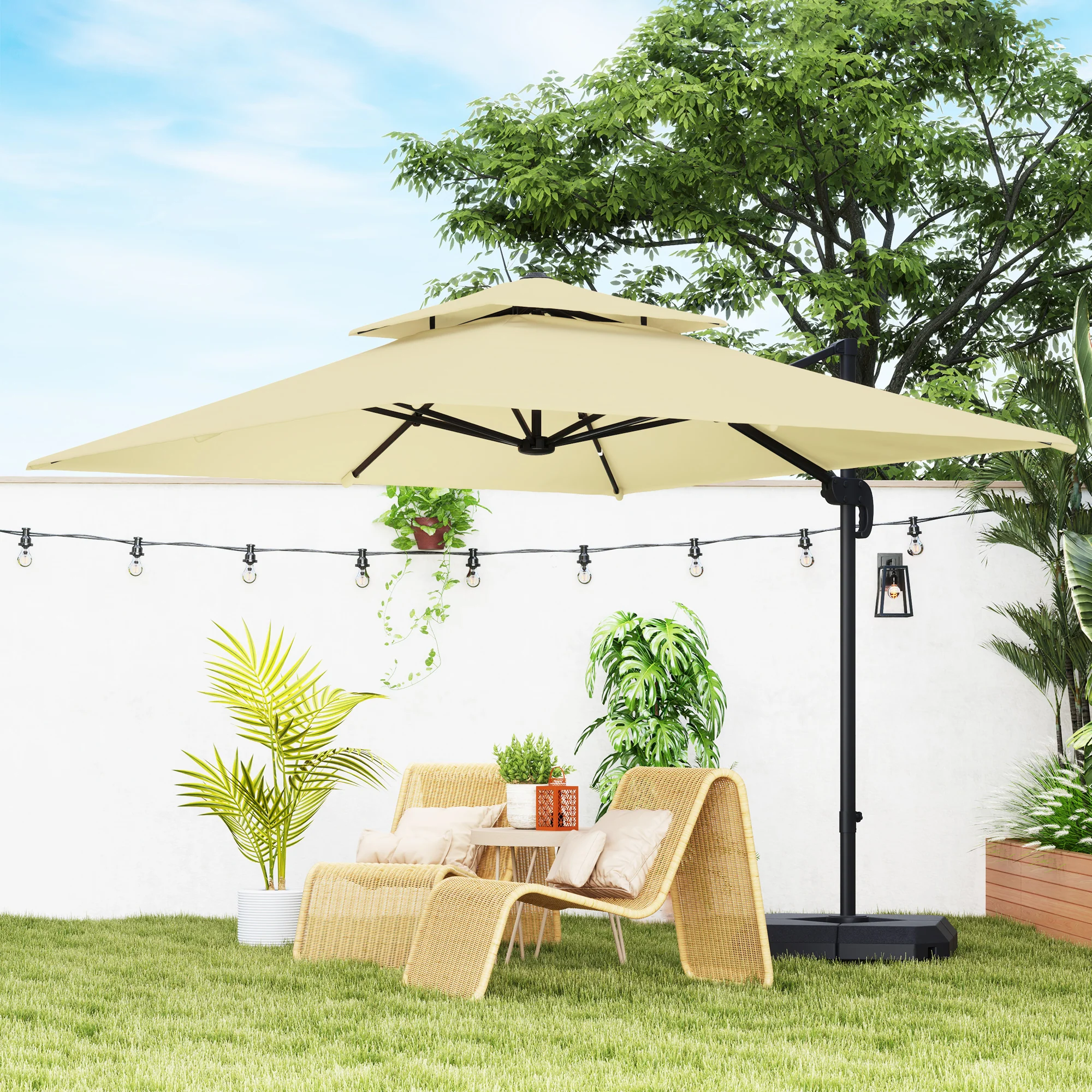 Outsunny 360° Cantilever Parasol Roma Umbrella w/ Base Weights, Khaki - Image 2