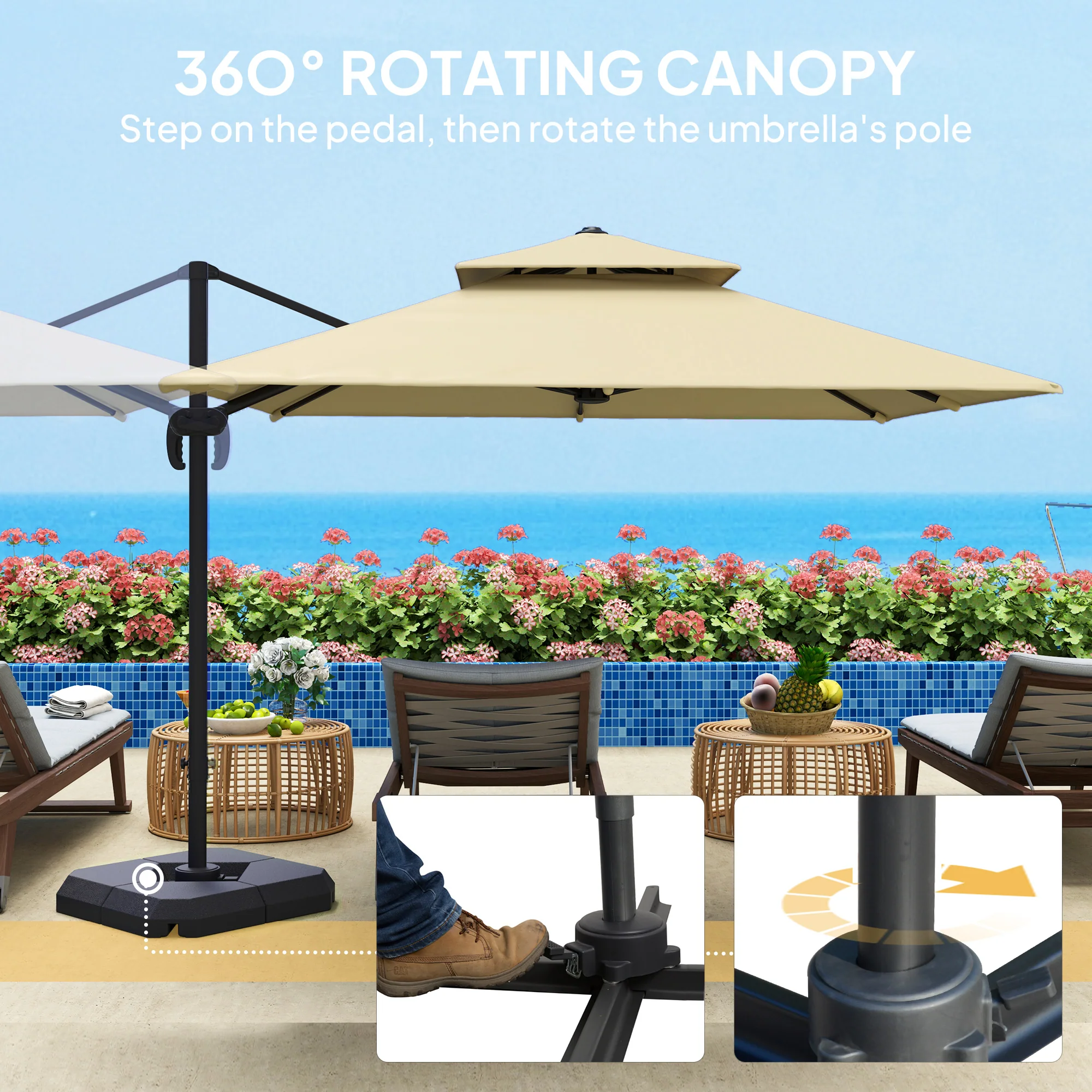 Outsunny 360° Cantilever Parasol Roma Umbrella w/ Base Weights, Khaki - Image 3
