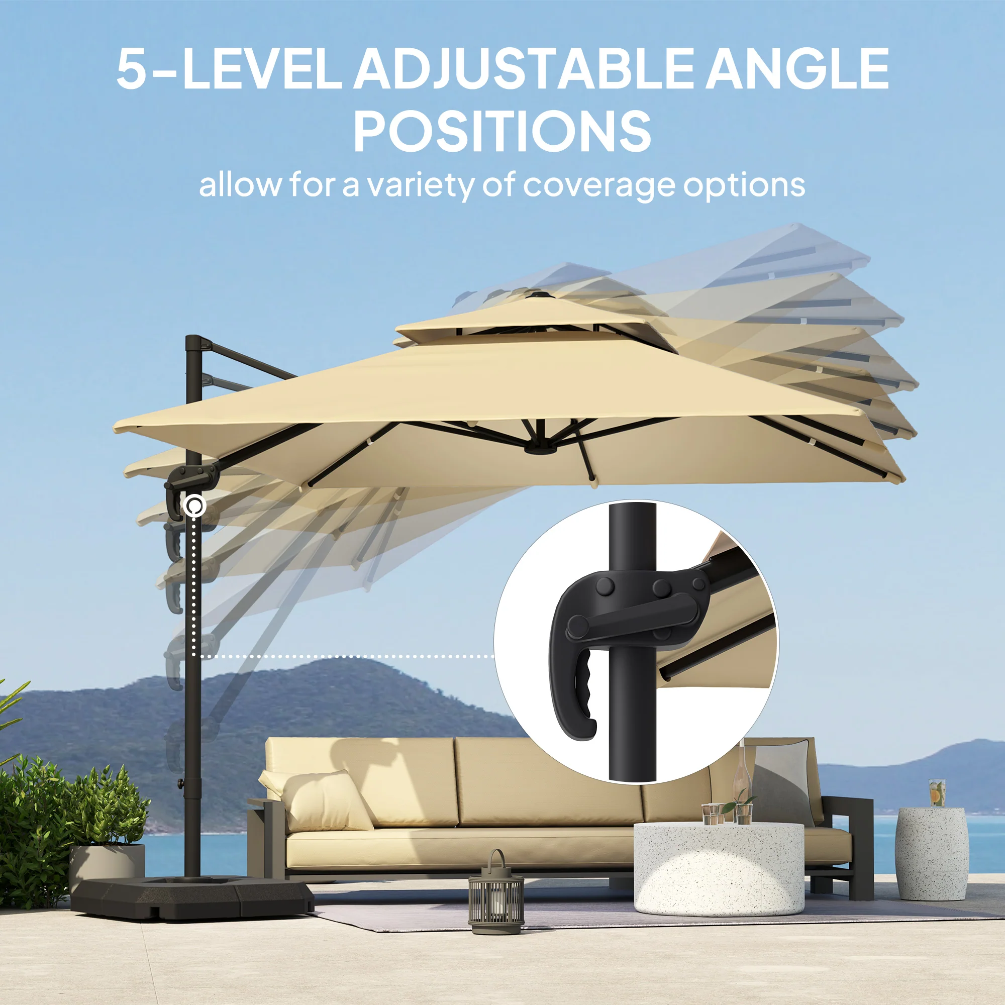 Outsunny 360° Cantilever Parasol Roma Umbrella w/ Base Weights, Khaki - Image 4