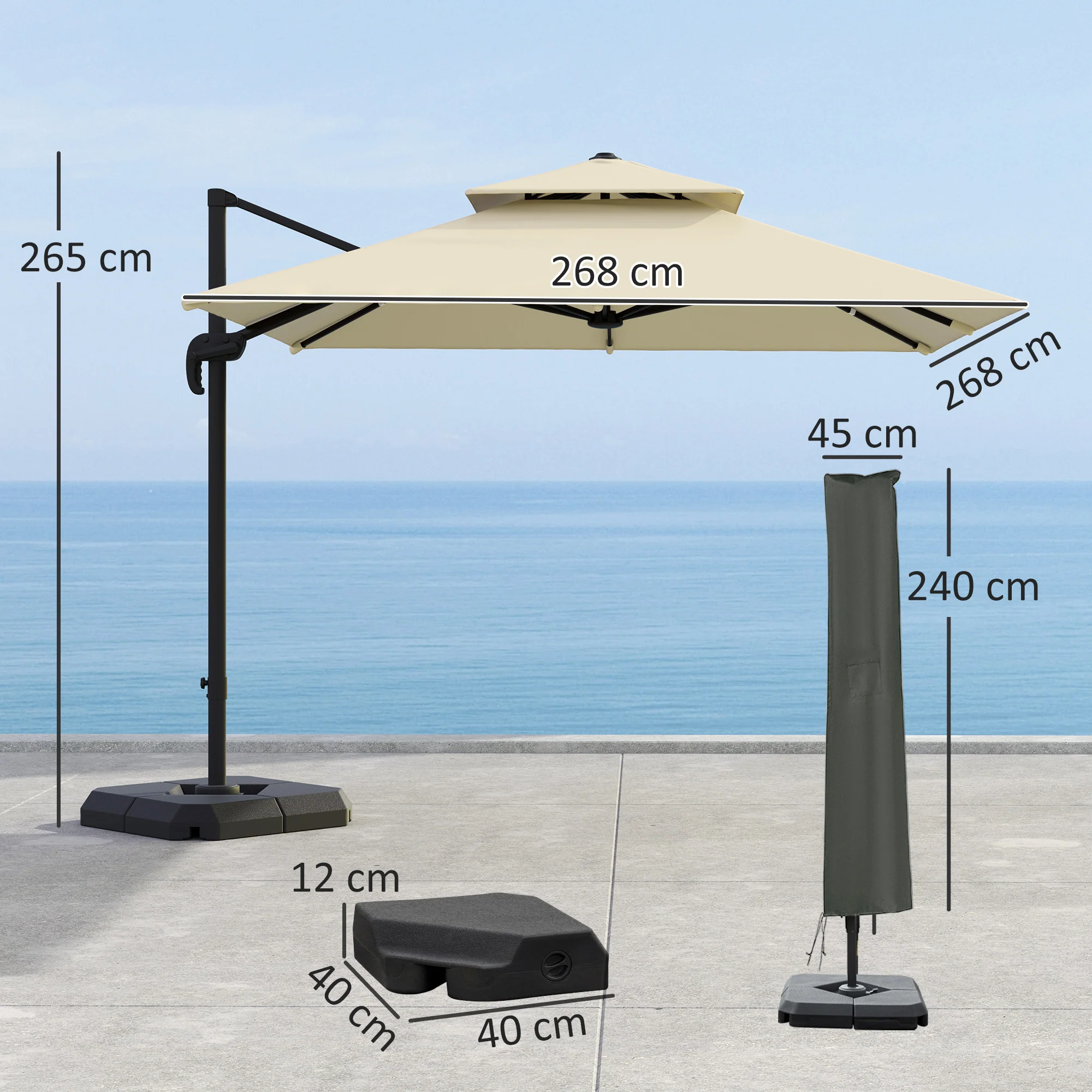 Outsunny 360° Cantilever Parasol Roma Umbrella w/ Base Weights, Khaki - Image 5