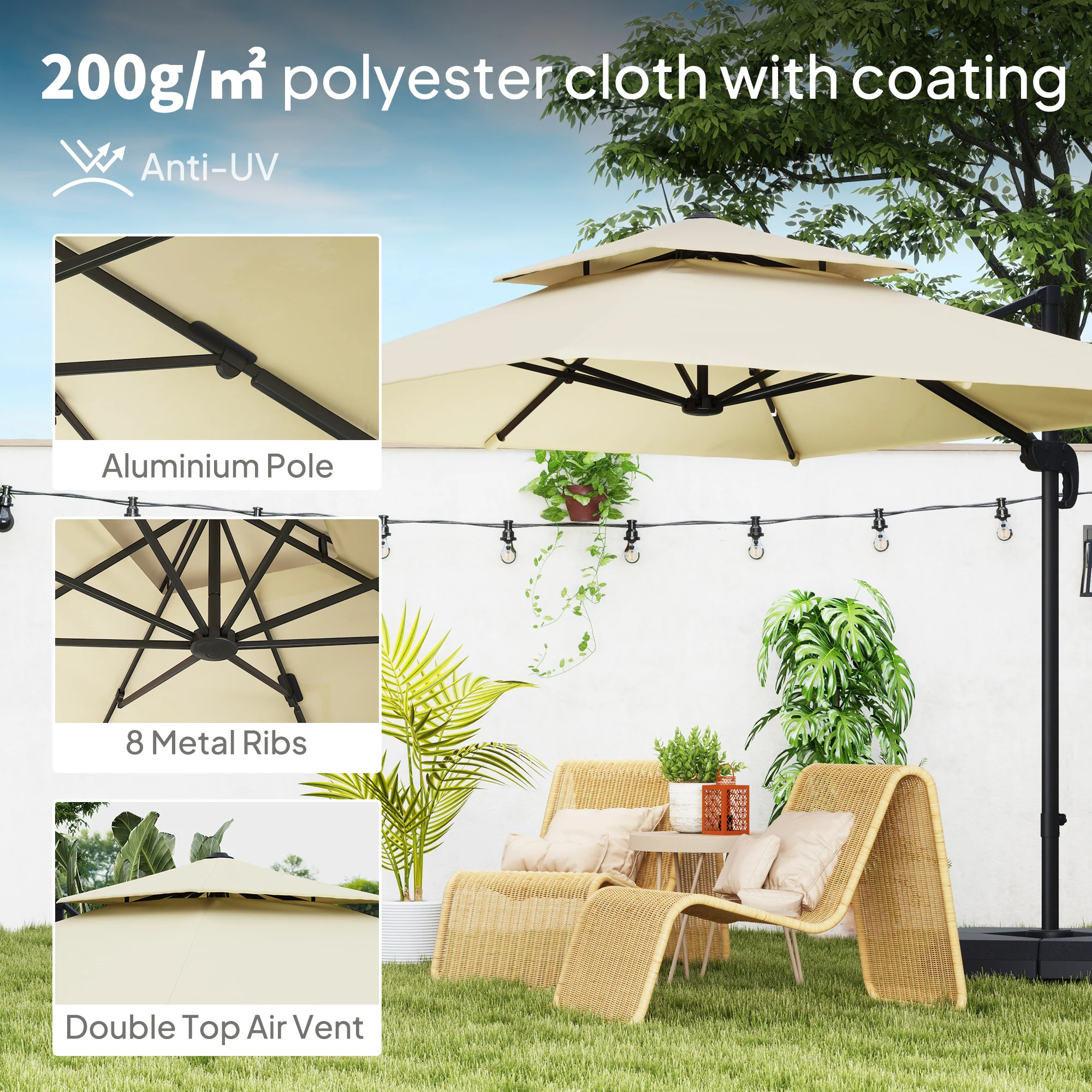 Outsunny 360° Cantilever Parasol Roma Umbrella w/ Base Weights, Khaki - Image 6