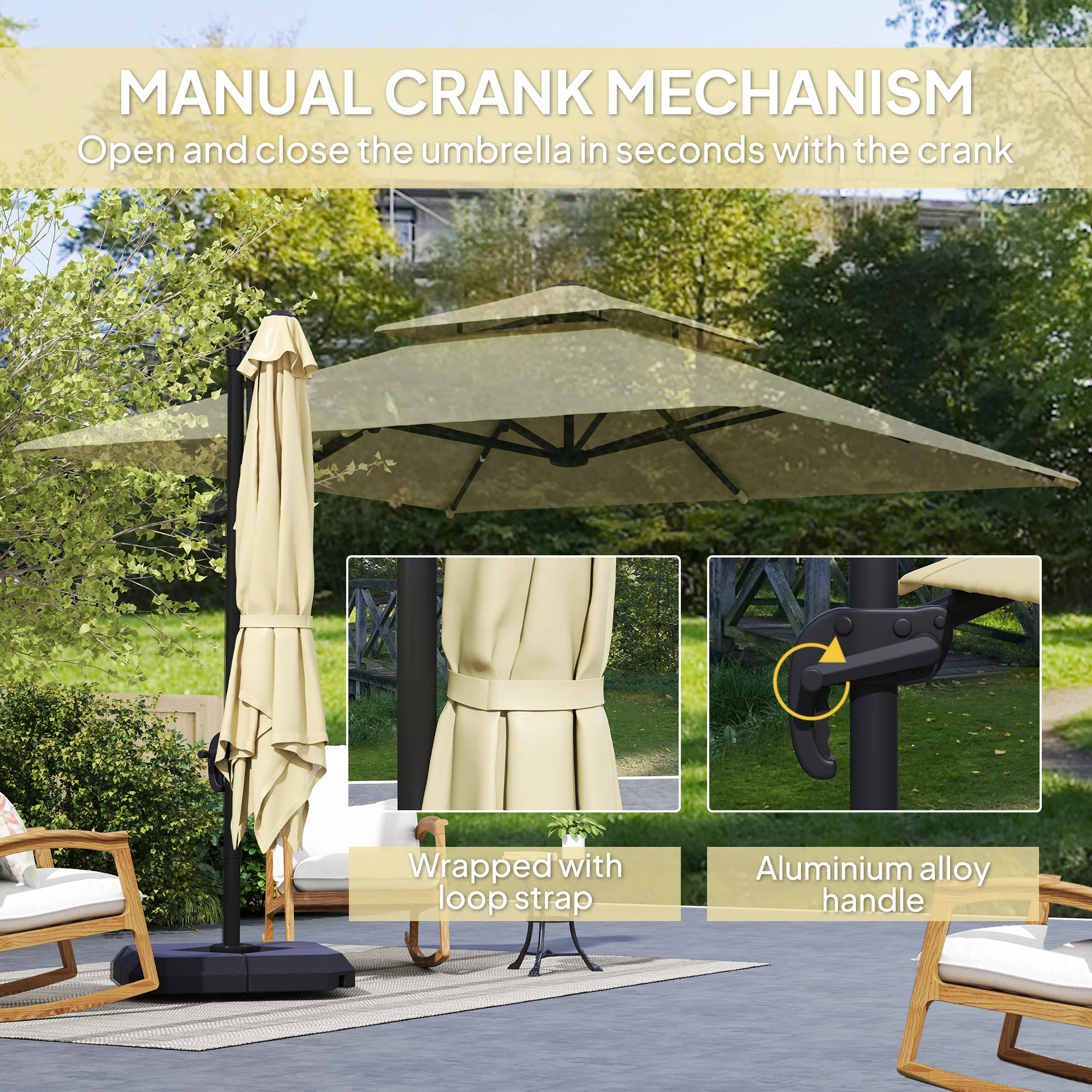 Outsunny 360° Cantilever Parasol Roma Umbrella w/ Base Weights, Khaki - Image 7