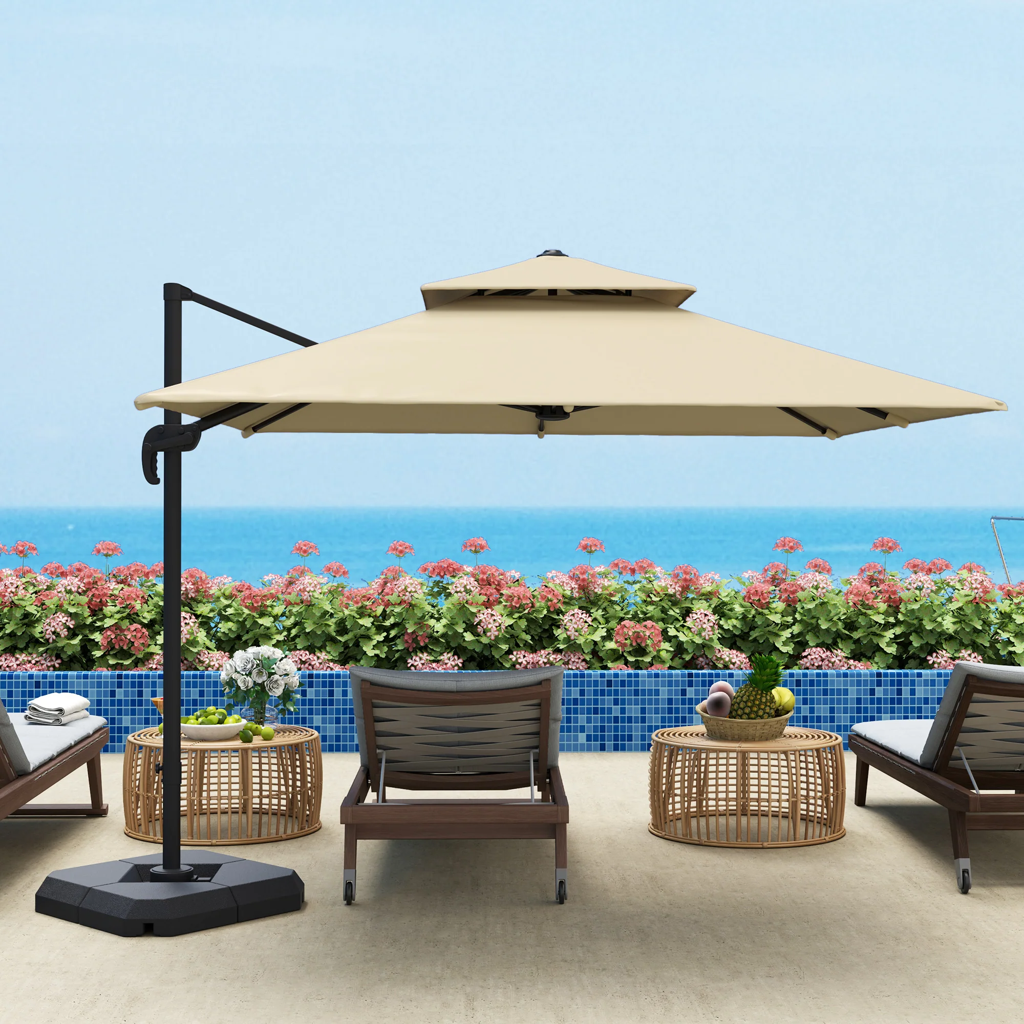 Outsunny 360° Cantilever Parasol Roma Umbrella w/ Base Weights, Khaki - Image 8