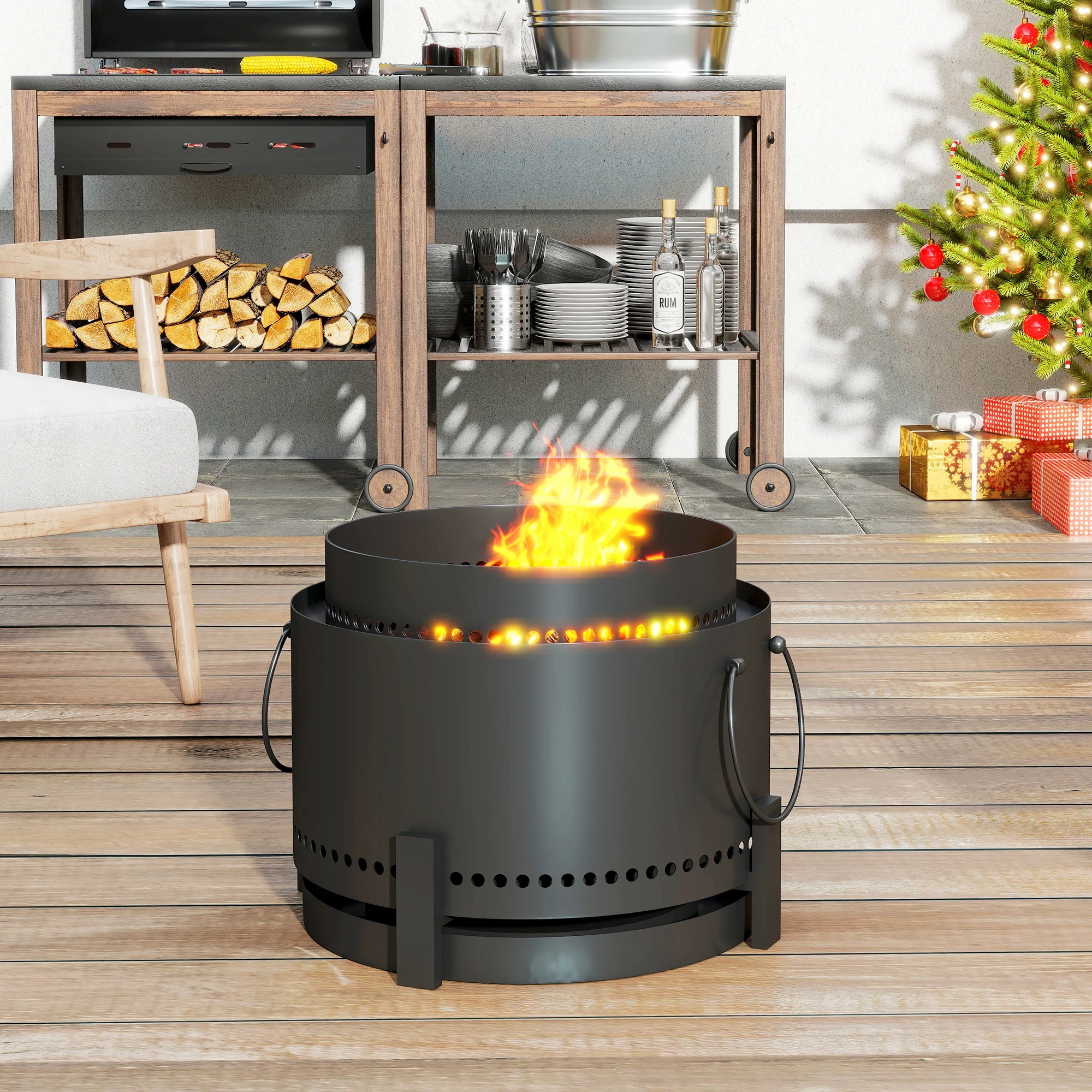 Outsunny 37cm Smokeless Wood Burning Firepit Metal Fire Pit, Dark Grey - Image 8