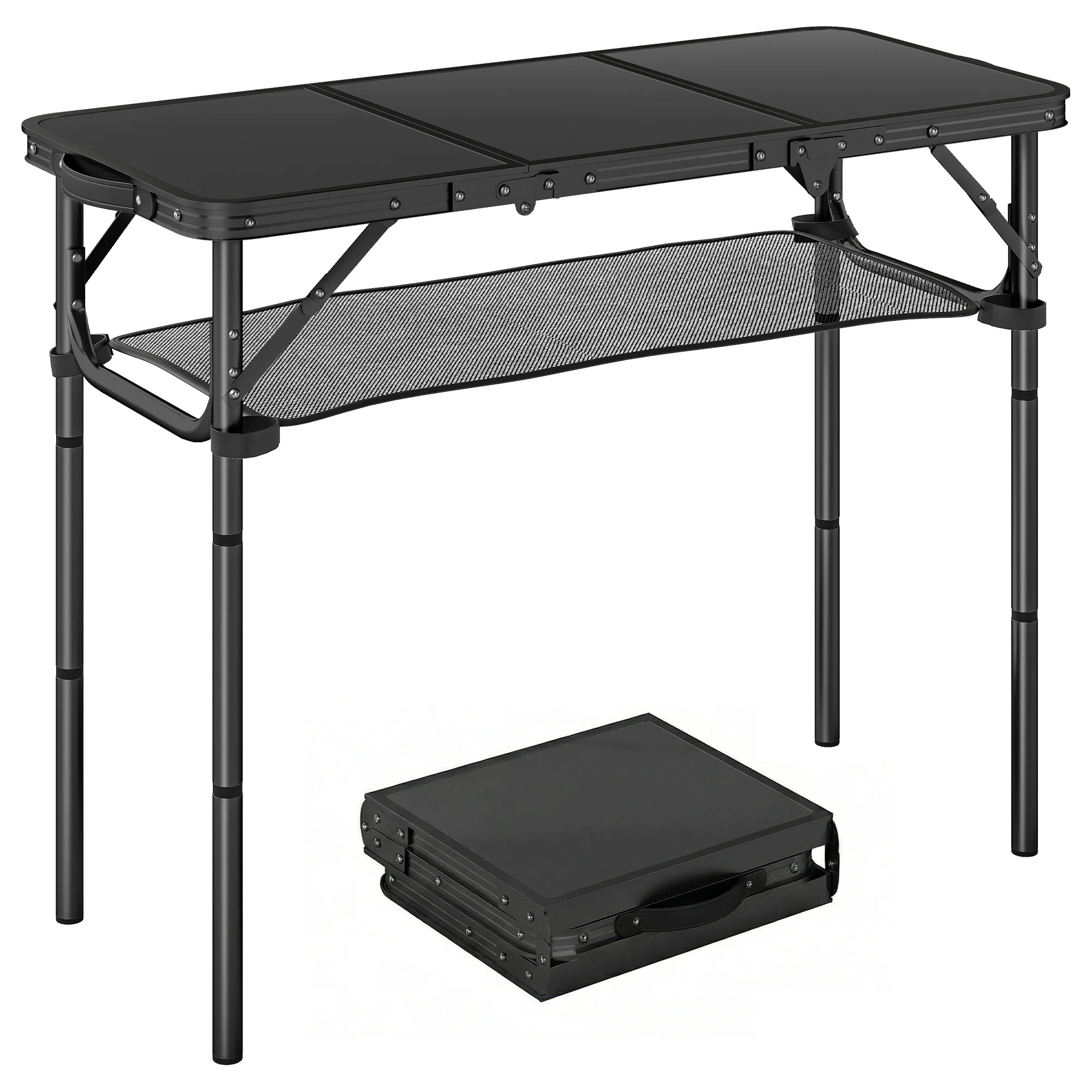 Outsunny 3ft Folding Camping Table, Picnic Table with Storage Layer, Black