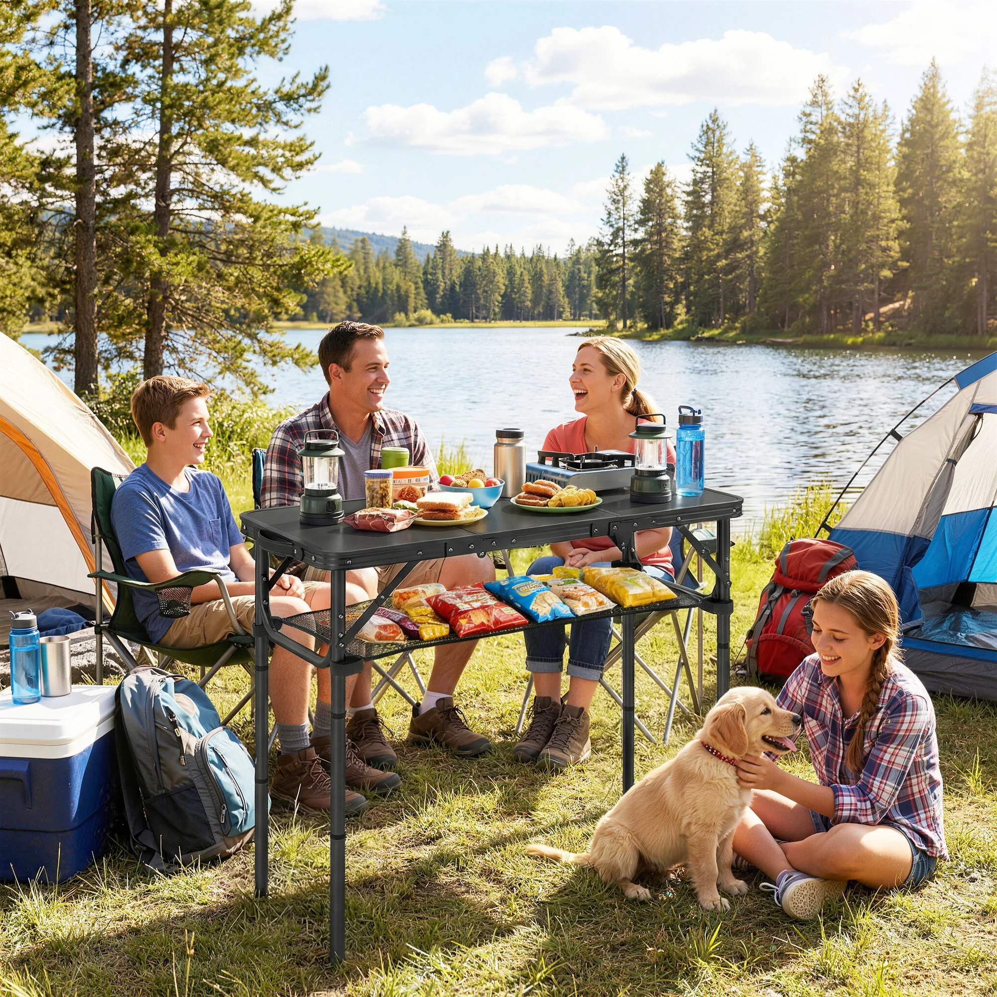 Outsunny 3ft Folding Camping Table, Picnic Table with Storage Layer, Black - Image 2