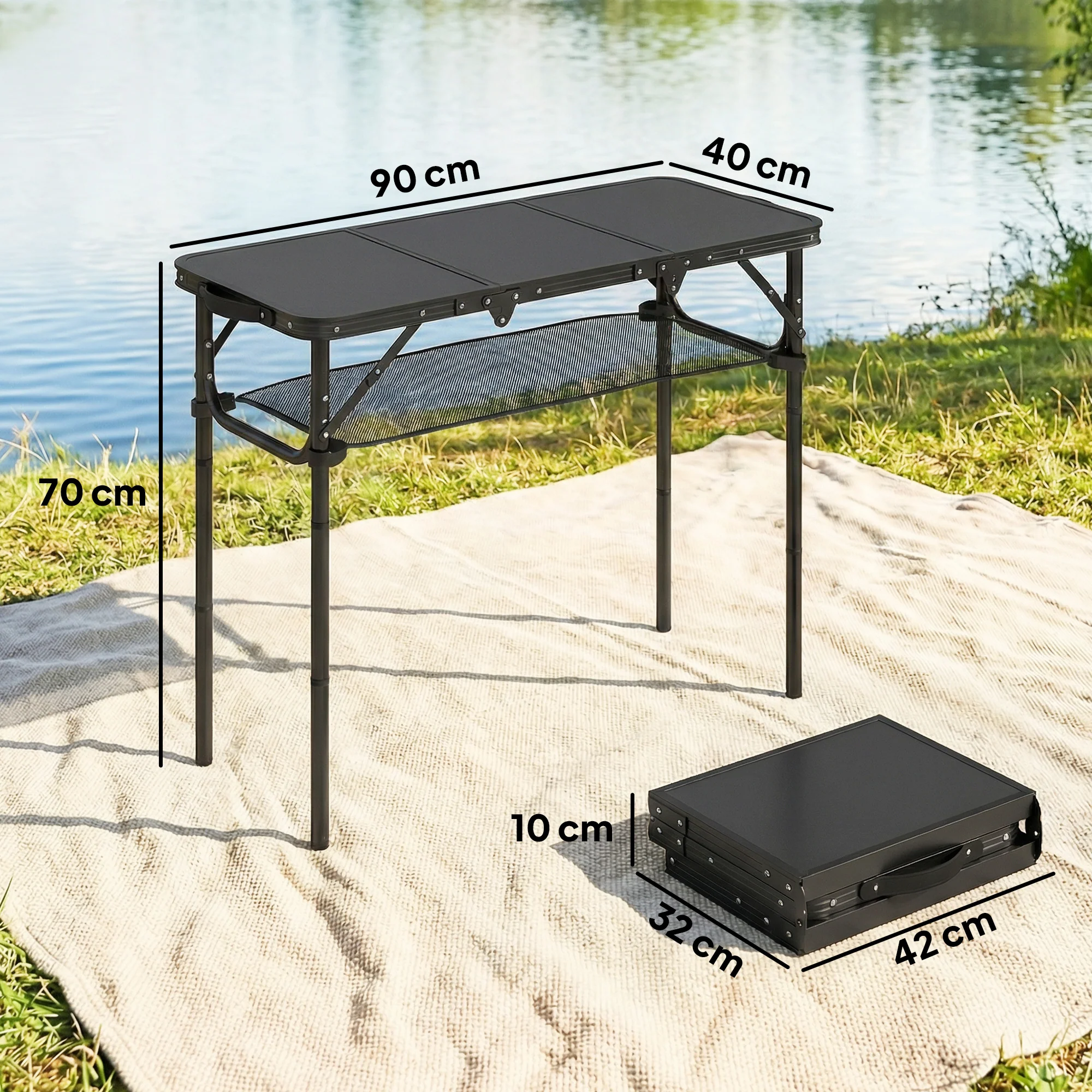 Outsunny 3ft Folding Camping Table, Picnic Table with Storage Layer, Black - Image 3
