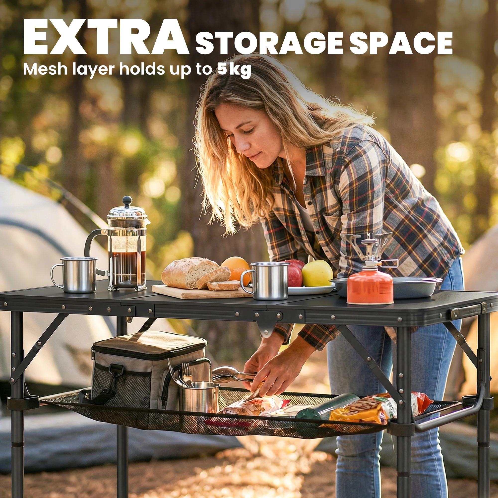 Outsunny 3ft Folding Camping Table, Picnic Table with Storage Layer, Black - Image 5