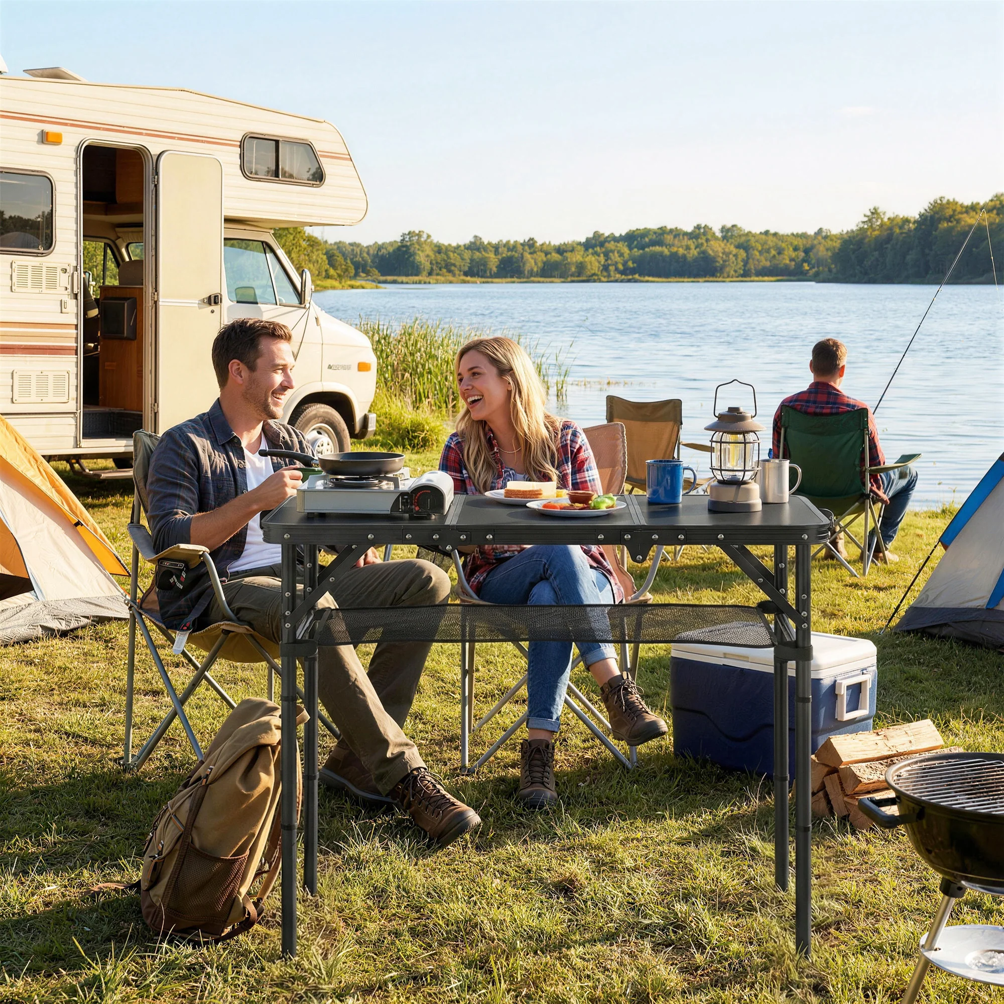 Outsunny 3ft Folding Camping Table, Picnic Table with Storage Layer, Black - Image 8