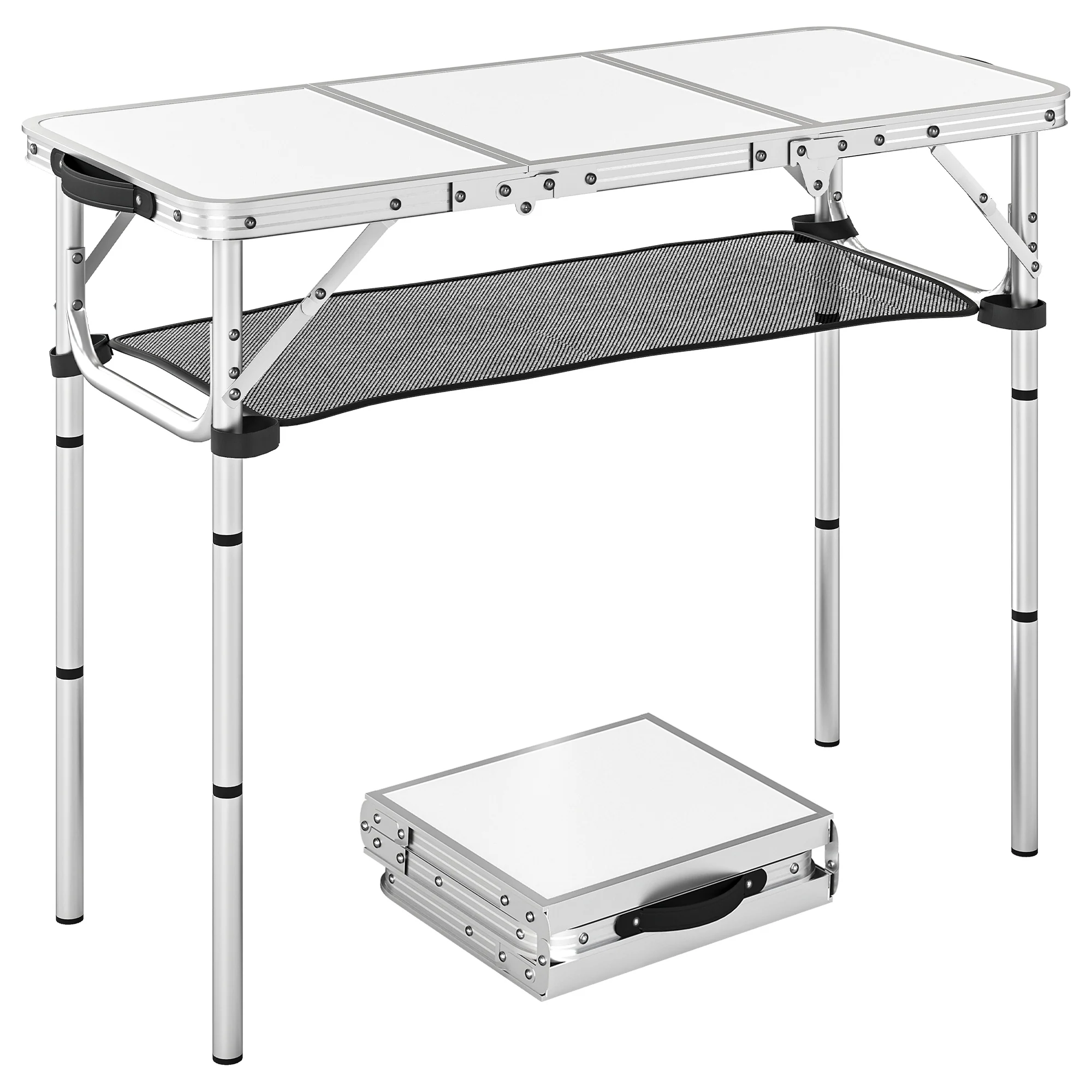 Outsunny 3ft Folding Camping Table, Picnic Table With Storage Layer, White