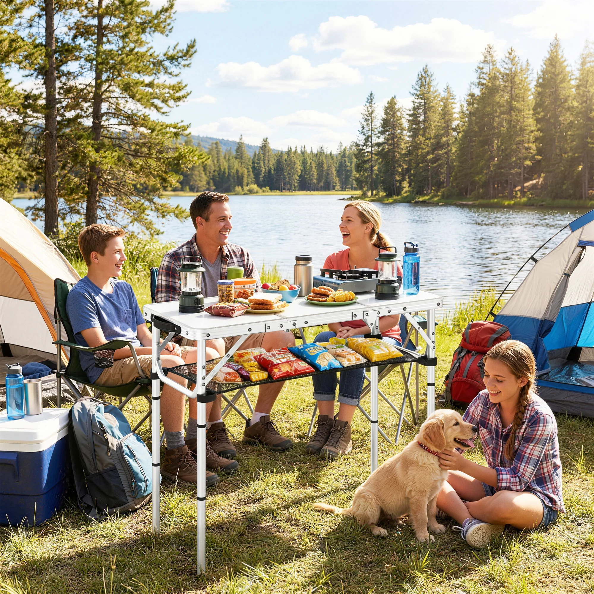Outsunny 3ft Folding Camping Table, Picnic Table With Storage Layer, White - Image 2